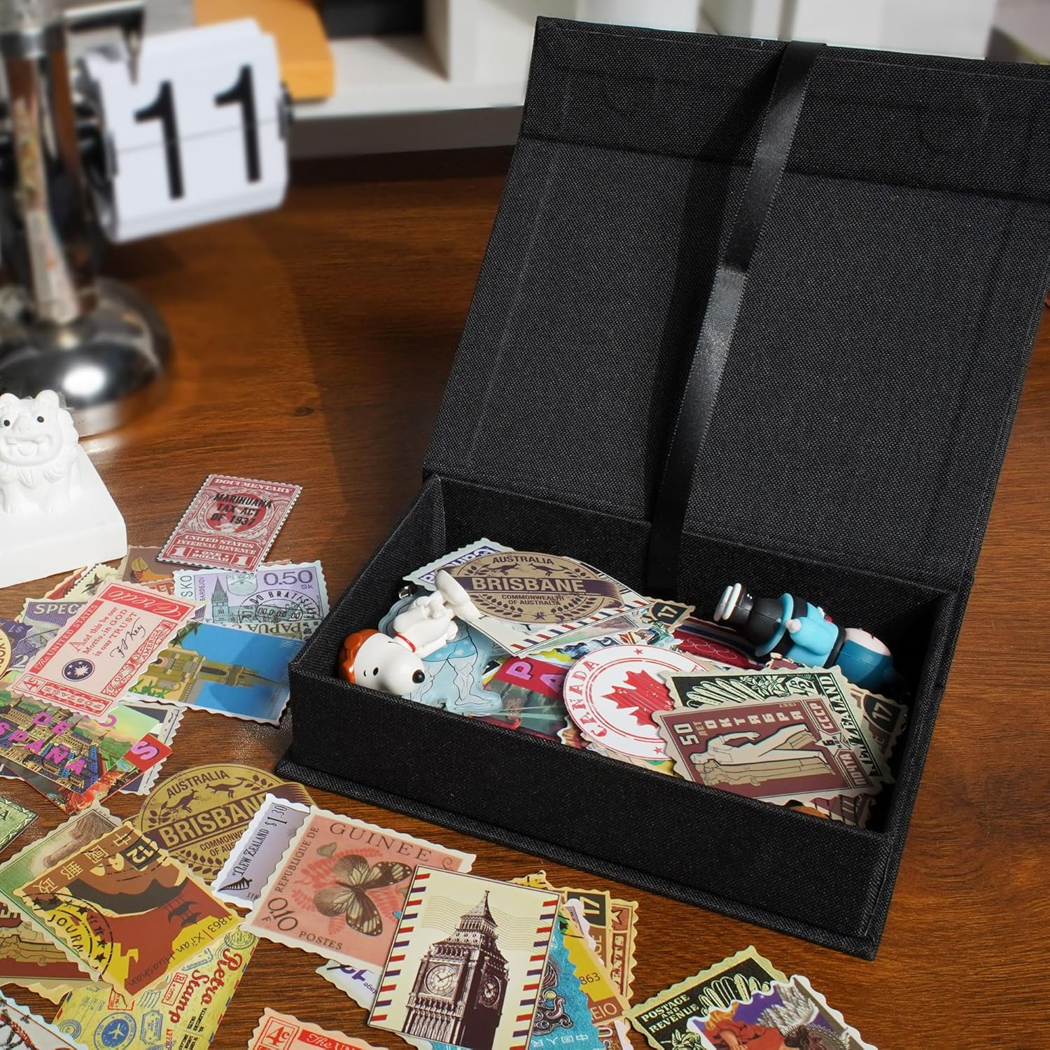 Photo Storage Box 5x7, Linen Photo Box, Memory Box to Store Photos, Certificates, Scrapbooking Supplies, Keepsakes and Jewelry, Connected Lid Stackable Household Organizer Box Black