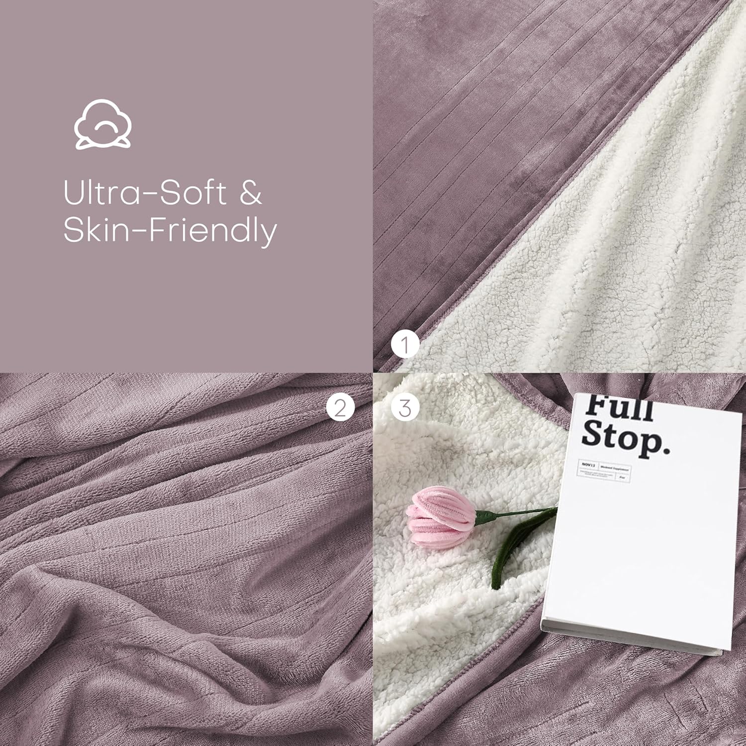 Electric Heated Blanket Throw Size 50"x60" - Flannel & Sherpa Fabric Dual-Sided, 6 Heat Settings & 1-3 Hours Auto Off, Soft & Cozy Machine Washable, Lavender Purple - Image 3