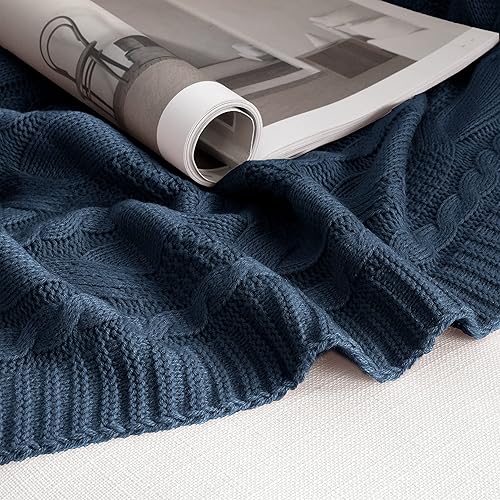 Miniatura 7 de Aormenzy Manta de punto azul pizarra oscura, manta decorativa de punto trenzado de gran tamaño, manta de punto suave y acogedora para sofá cama, 60