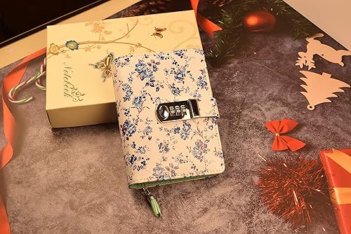 Miniatura 3 de Diario de contraseña floral con candado A6 recargable con bloqueo diario de piel sintética con cerradura de combinación (azul)