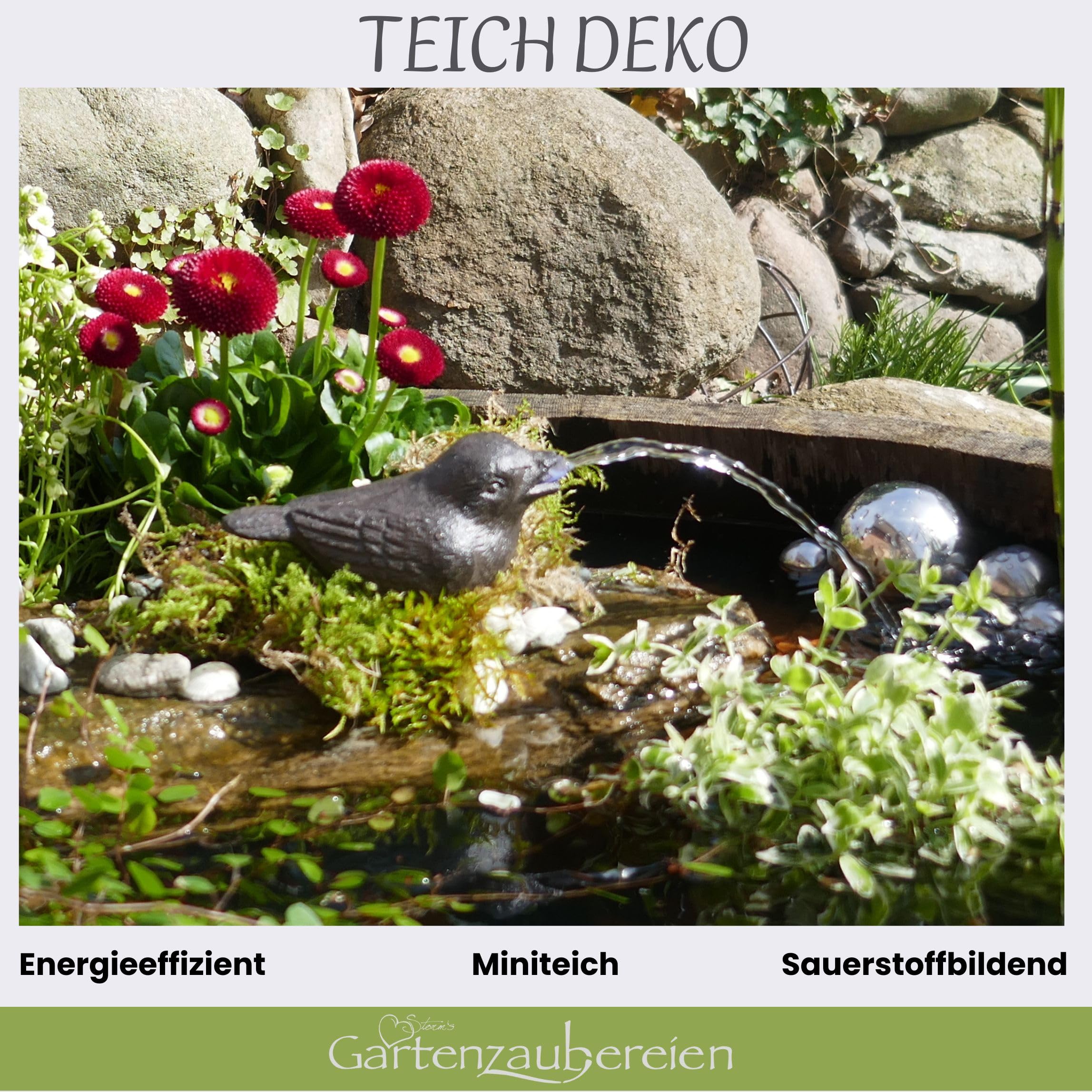 Storm's Gartenzaubereien Wasserspeier - Spatz mit Akku Solarpumpe ohne Sonne 4-5 Stunden - Gusseisen Figur
