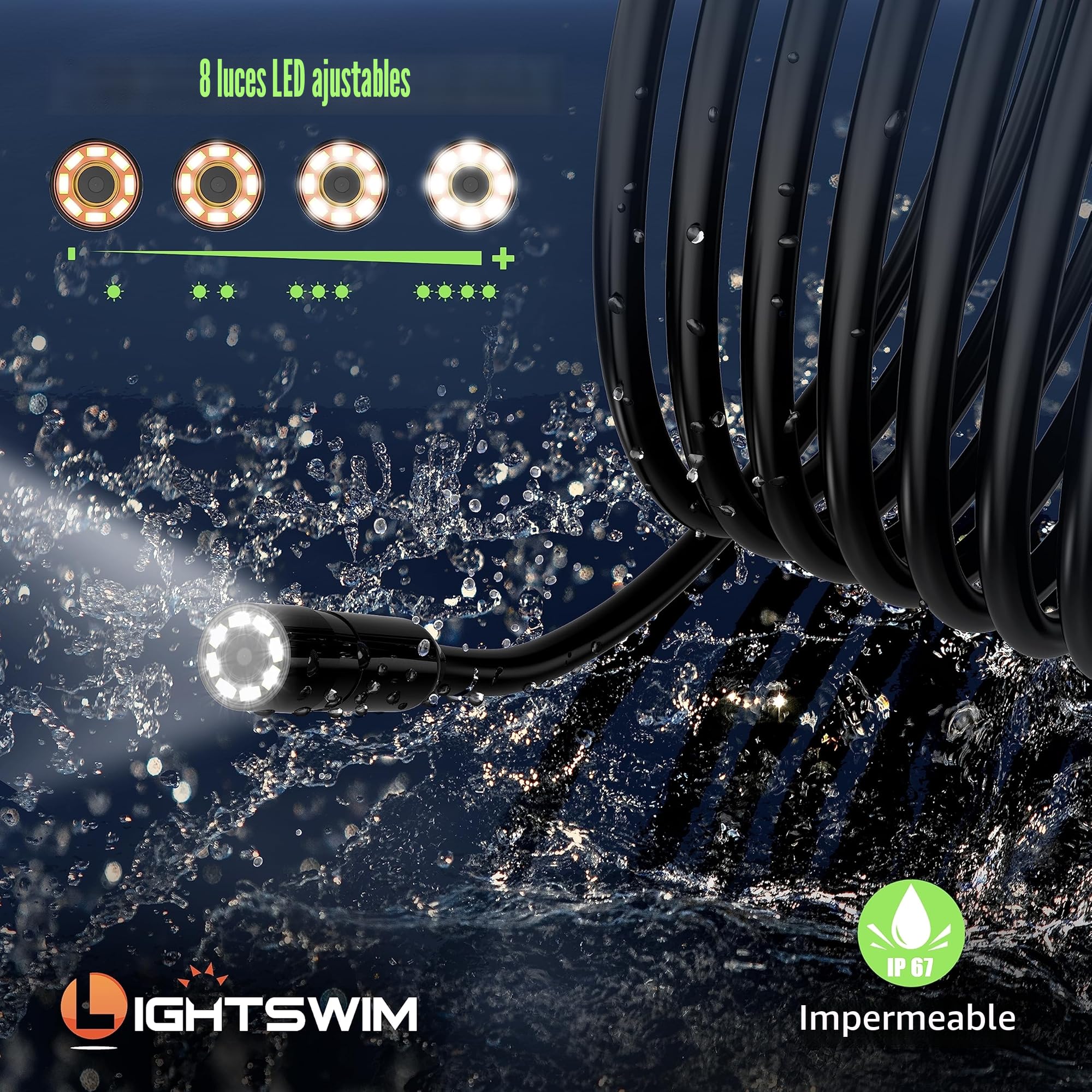 Lightswim Cámara de inspección de endoscopio Industrial, cámara de alcantarillado con boroscopio IPS de 4,3", cámara de Serpiente Impermeable IP67 de Mano con 8 Luces LED, Cable semirrígido de 5 m