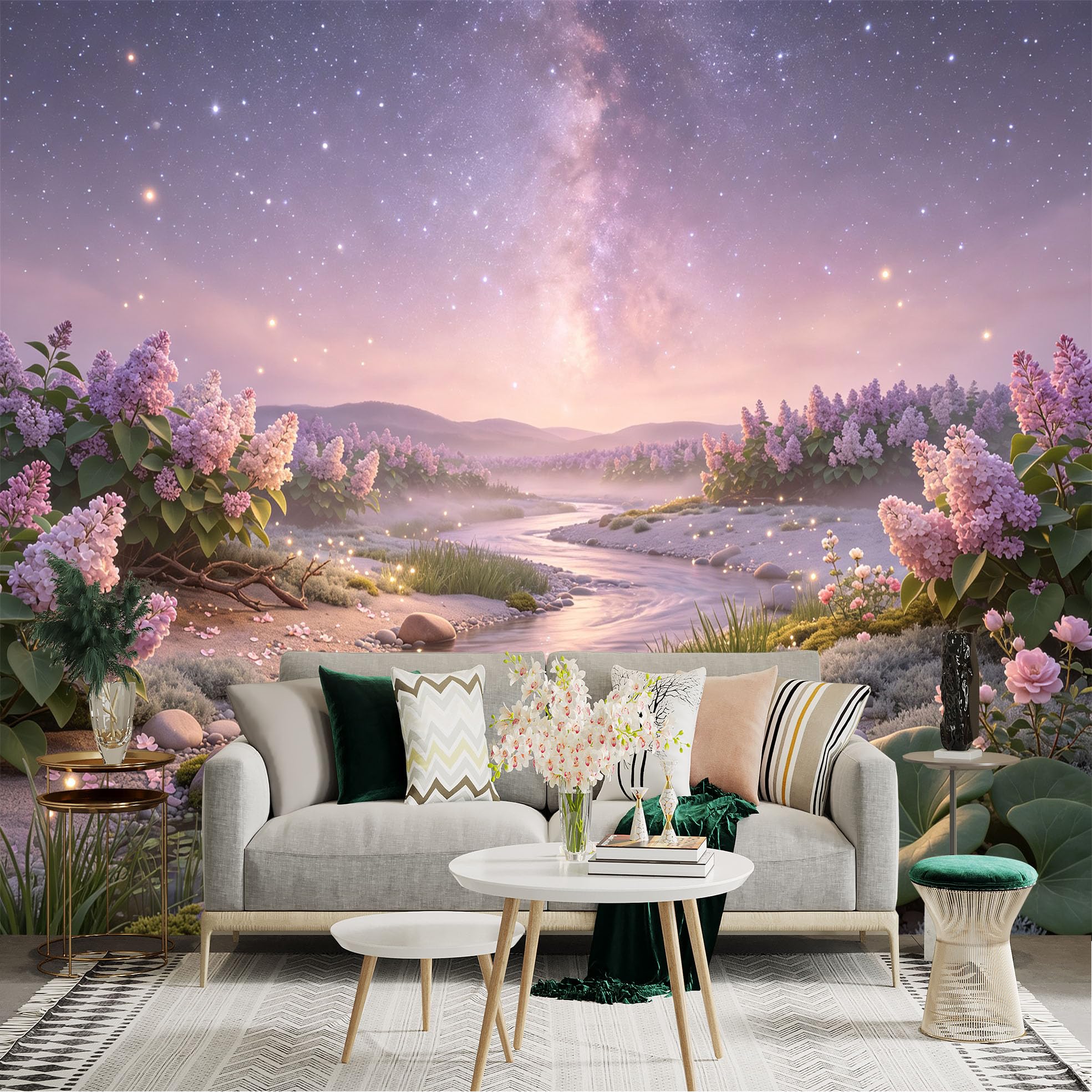 Lnzczhyre Bh260719141 Custom Size Wall Sticker Mural， Dreamy Lilac Flowers By The River， Glowing Galaxy Night Sky， Serene Landscape Art， For Wall Decoration， Peelandstick Wall Decals.