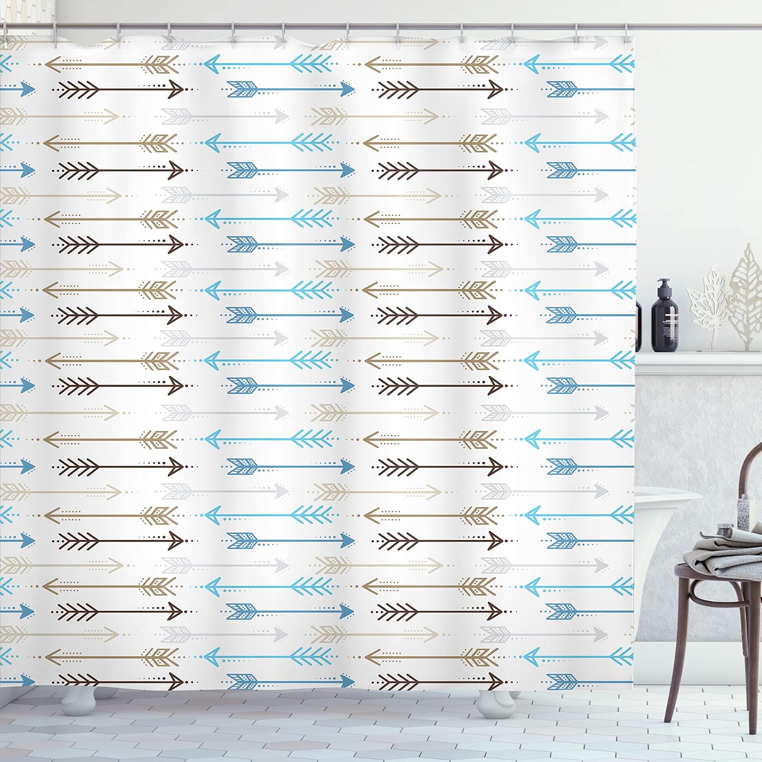 Ambesonne Boho Shower Curtain, Retro Arrow Pattern in Horizontal Line Heading to Opposite Directions Art, Cloth Fabric Bathroom Decor Set with Hooks, 69" W x 70" L, Blue Brown