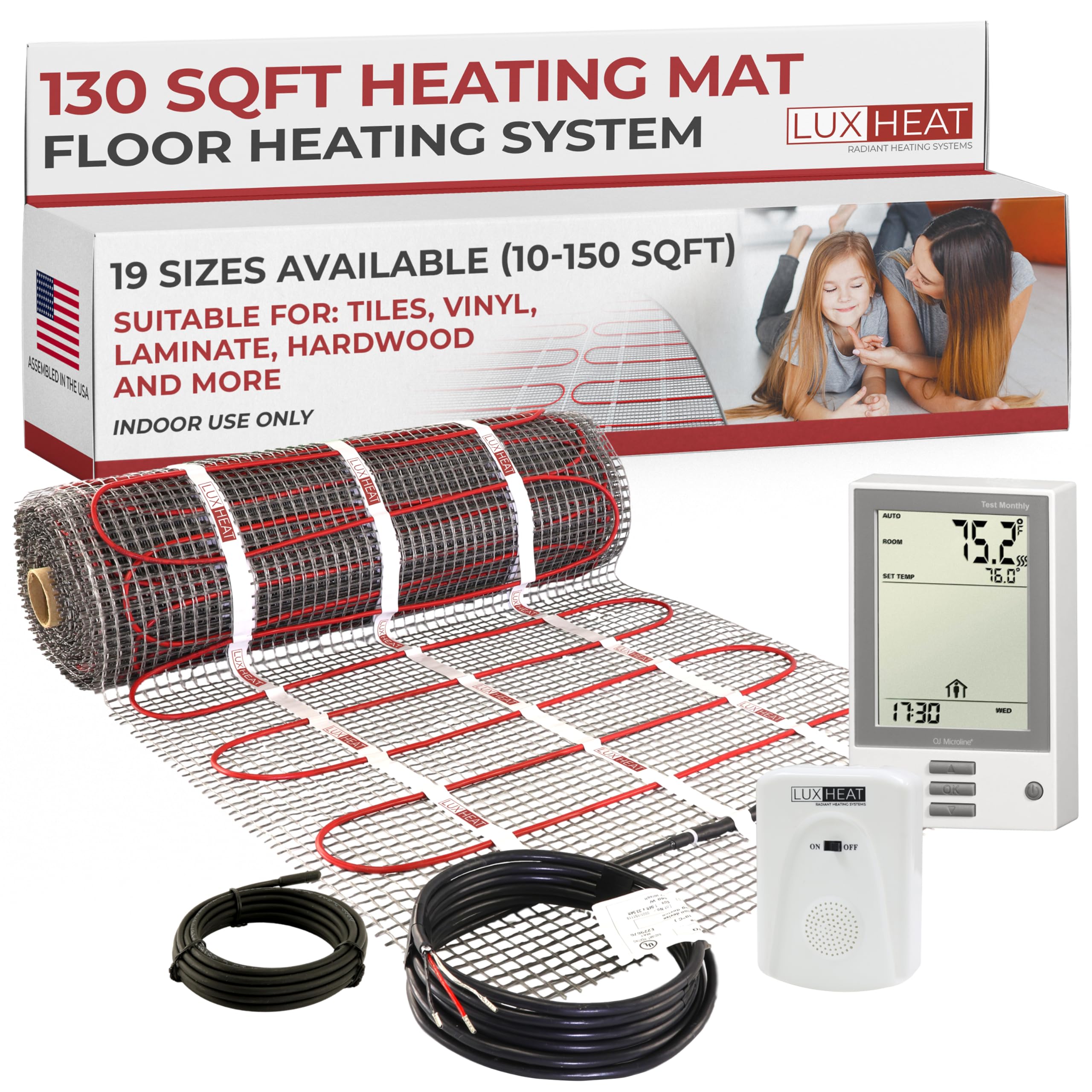 LuxHeat 130sqft Floor Heating Mat Kit – 120v Electric Radiant Heated Flooring System – Heated Flooring Under Tile & Laminate - Includes UDG Programmable Thermostat w/GFCI, Alarm & Sensor