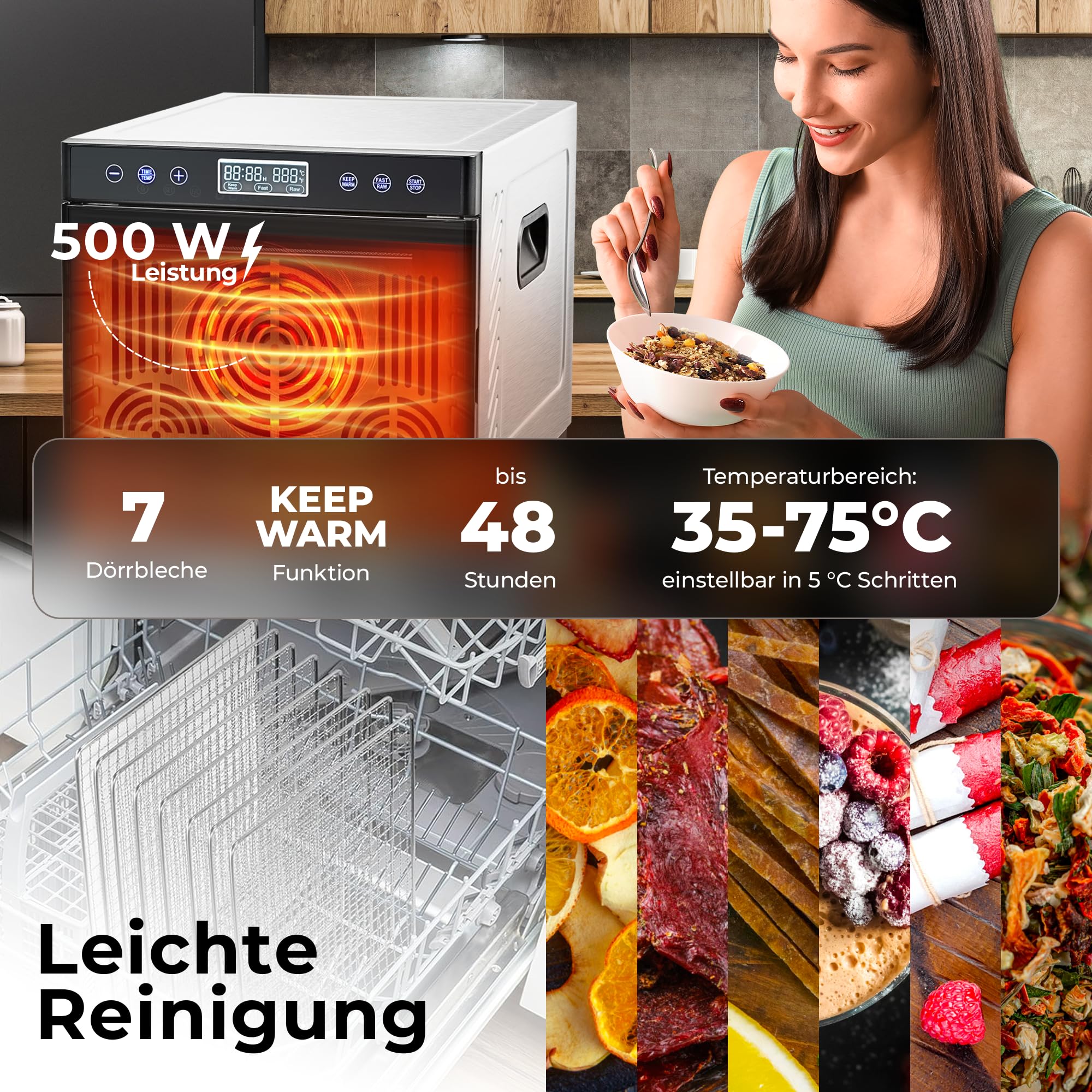Balter Dörrautomat Edelstahl, Dörrgerät mit 7 Einlegefächern, BPA-frei, 600 W, 35°–75°C, Timer bis 48 Std, Dehydrator, Obsttrockner, Dörrapparat, Warmhaltefunktion, Obst Fleisch Pilze, Rezeptbuch