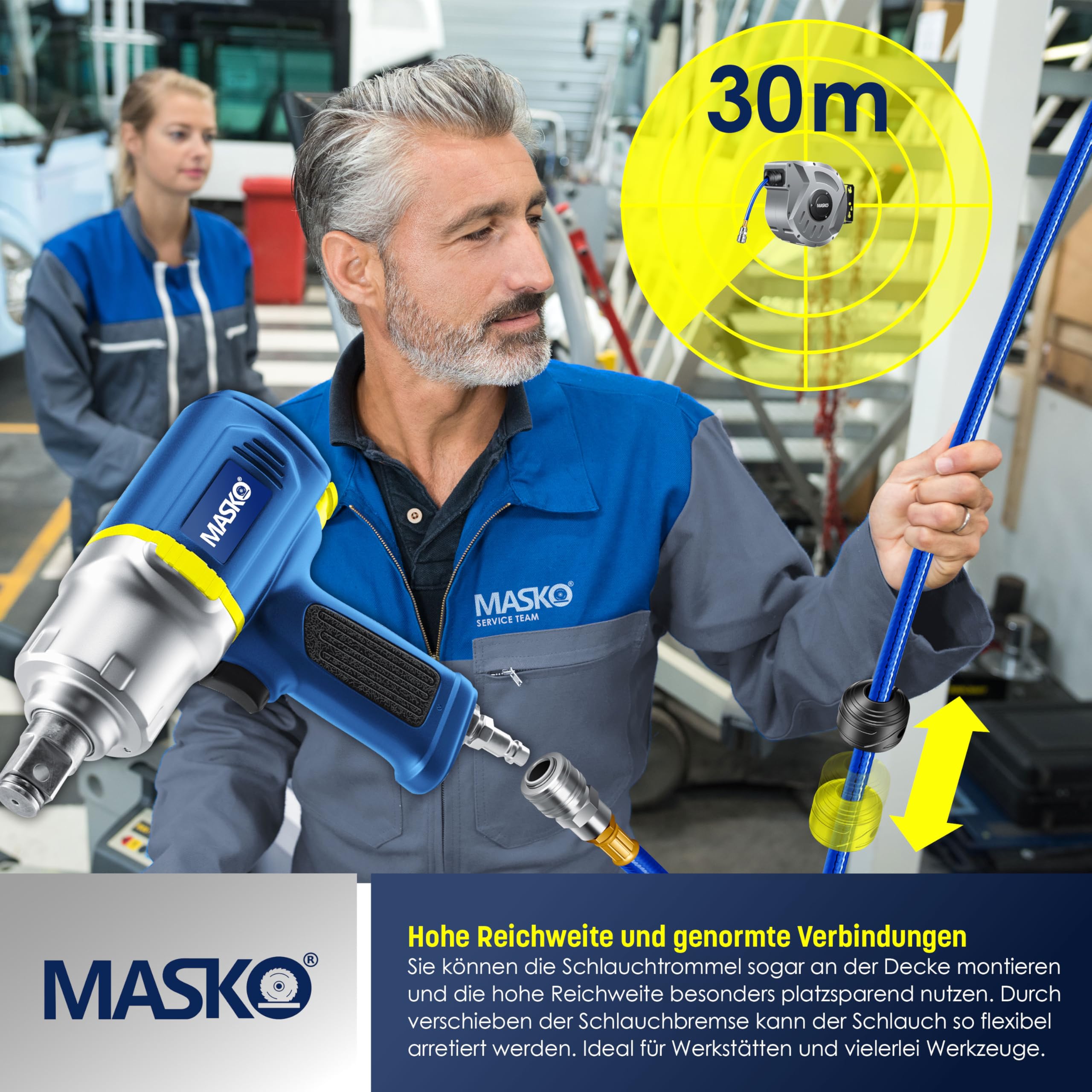 MASKO® Automatik Druckluftschlauch Aufroller 30m – Schlauchtrommel mit 1/4" Anschluss, Schlauchaufroller, Wandhalterung, Tragegriff, 180° schwenkbar, Schlauchbremse, vormontiert/sofort einsatzbereit