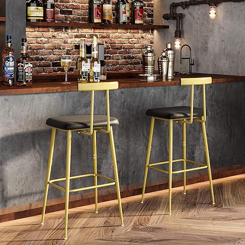 Miniatura 5 de Juego de 2 taburetes de bar altos con respaldo y reposapiés, sillas de bar de altura de mostrador, taburetes de bar industriales con cojín de piel