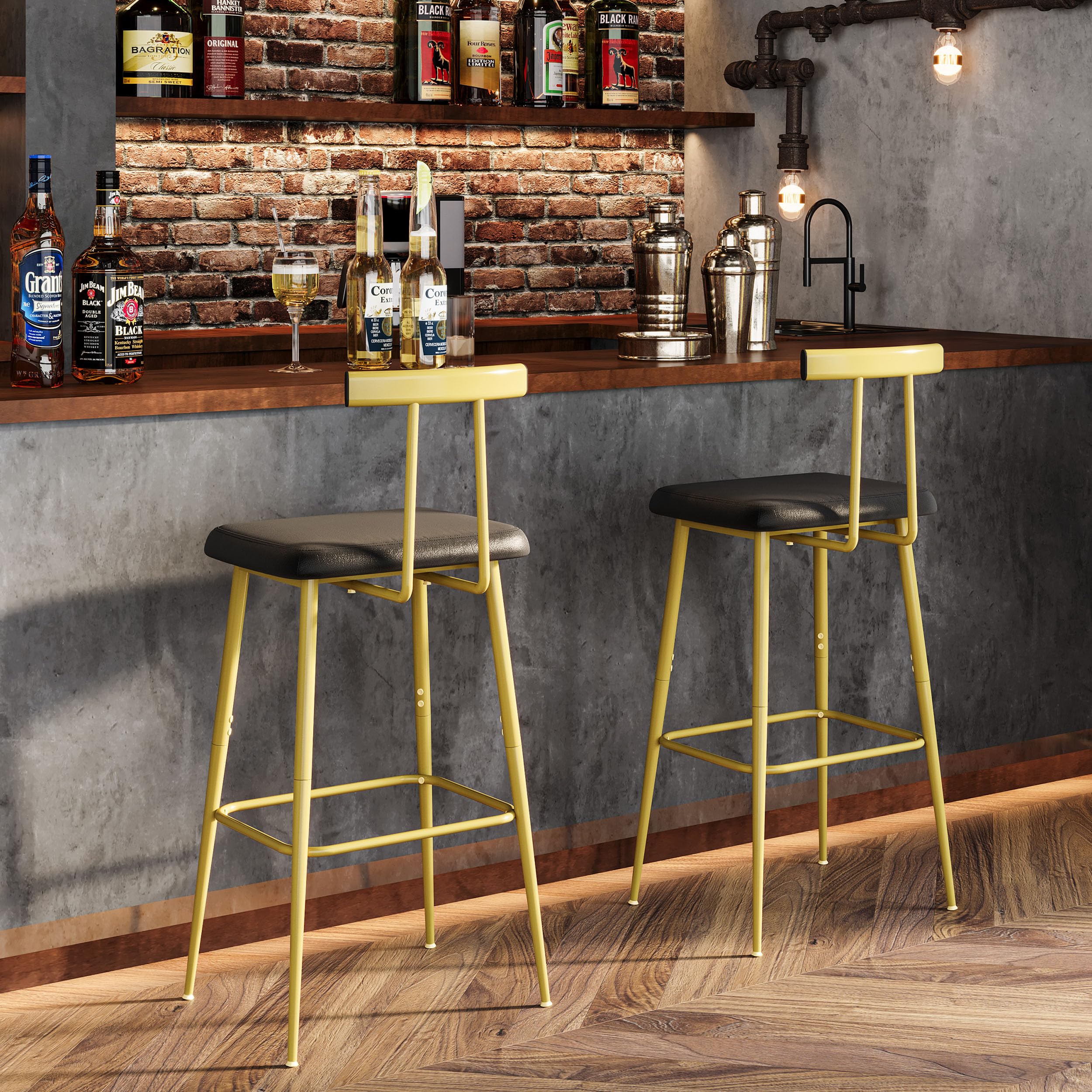 Taburetes Bar Juego de 2 Taburetes Altos Cocina Modernos con Respaldo y Reposapiés Base de Metal con Asiento Acolchado de PU para Isla Mostrador Restaurante y Bistro Dorada KBS515GC