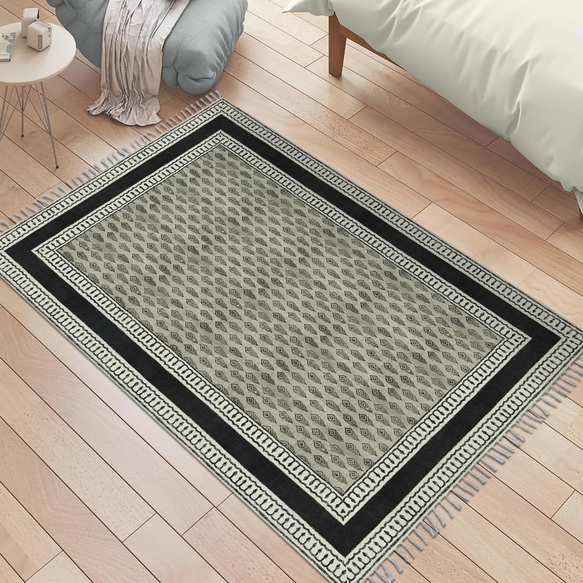Tapis bohème lavable et réversible en coton noir et gris 2,1x3m idéal pour salle à manger