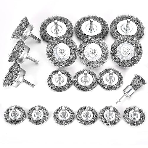 TILAX Cepillo de alambre para juego de taladros, 19 piezas, cepillo de alambre para rueda de alambre, vástago hexagonal de 14 pulgadas, eje de acero