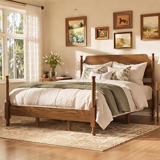 Merax light walnut queen bed with turned spindle legs and a wood panel headboard