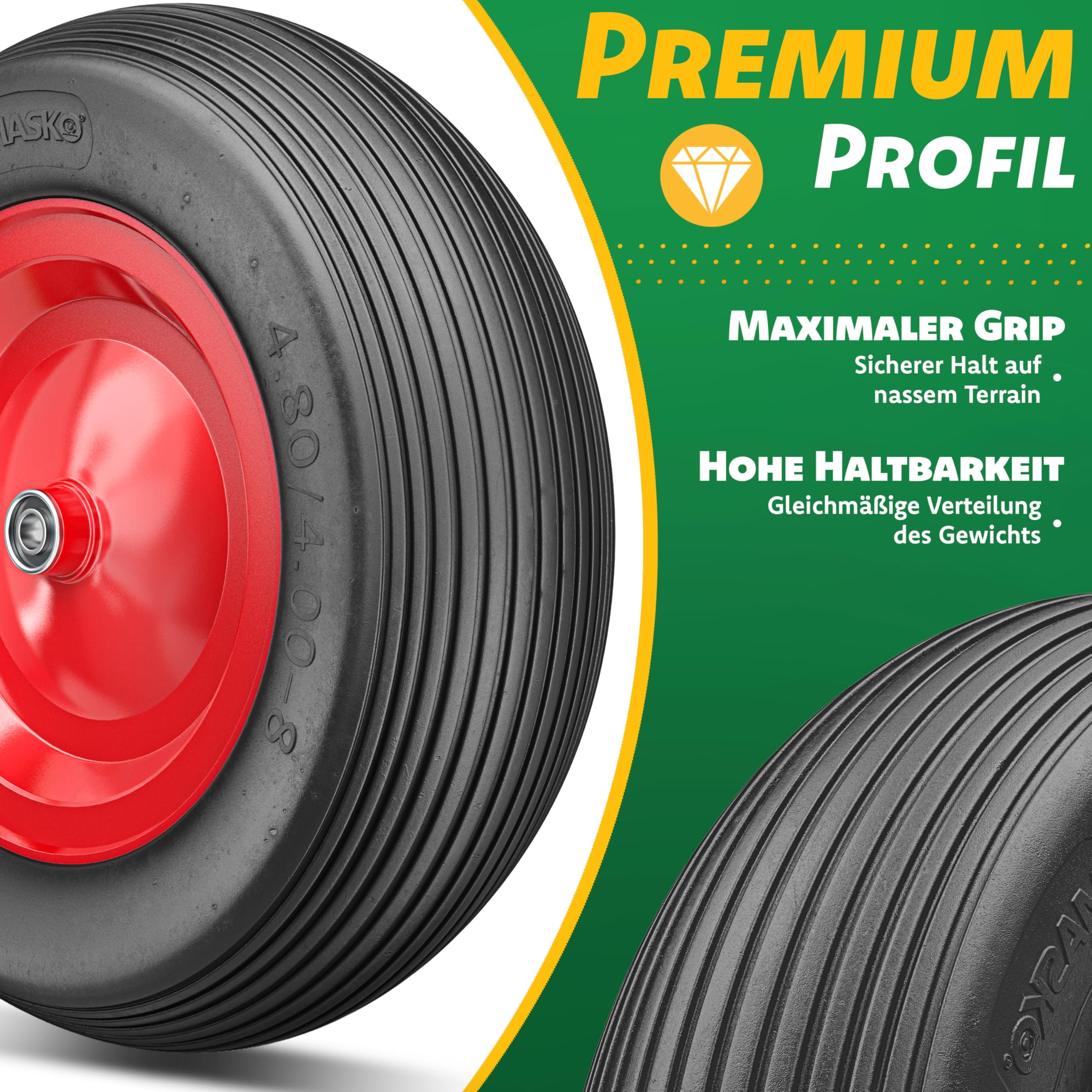 MASKO® Rueda de Carretilla de PU 200 kg sin aire 4.80/4.00-8 Ø 390mm Eje de Repuesto para Rueda de Goma de Acero Neumático sin aire para Carretilla de Jardín Rueda de PU Antipinchazos Negro/Rojo