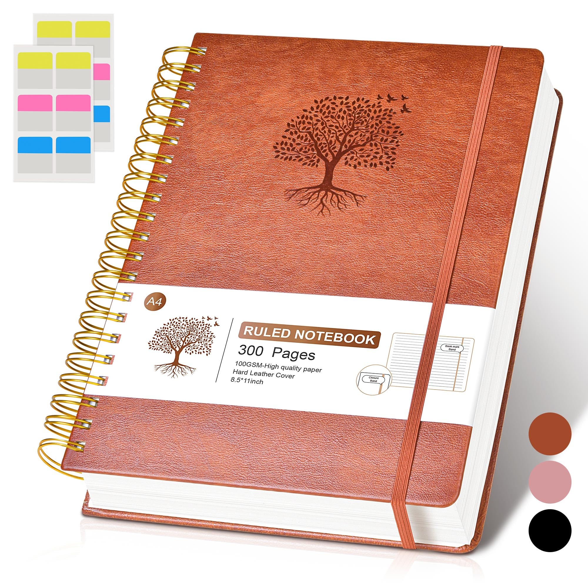 Lined Spiral Notebook Journal 8.5"×11", 300 Pages Hardcover Leather Journals for Women Men, A4 Large College Ruled Notebooks, 100 GSM Thick Paper,