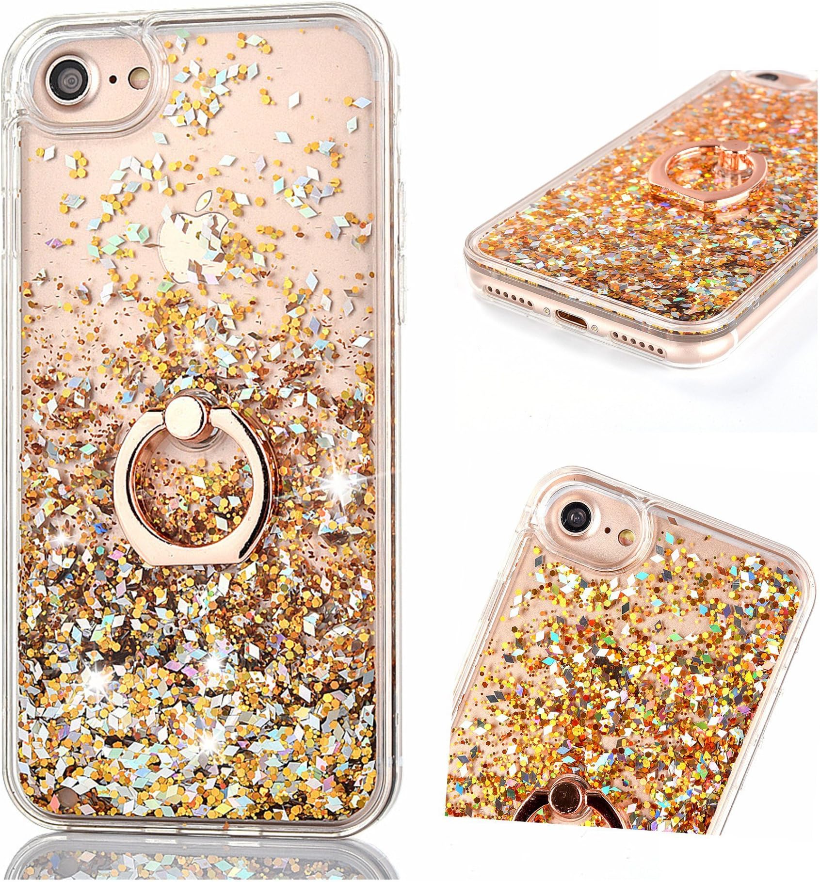 ZCRO Case for iPhone SE/iPhone 5S / iPhone 5, Case Cover Bling Glitter Sparkle Liquid Transparent Clear Silicone Soft TPU Frame Bumper Shell with Ring Holder Stand for iPhone SE / 5S / 5(Gold)