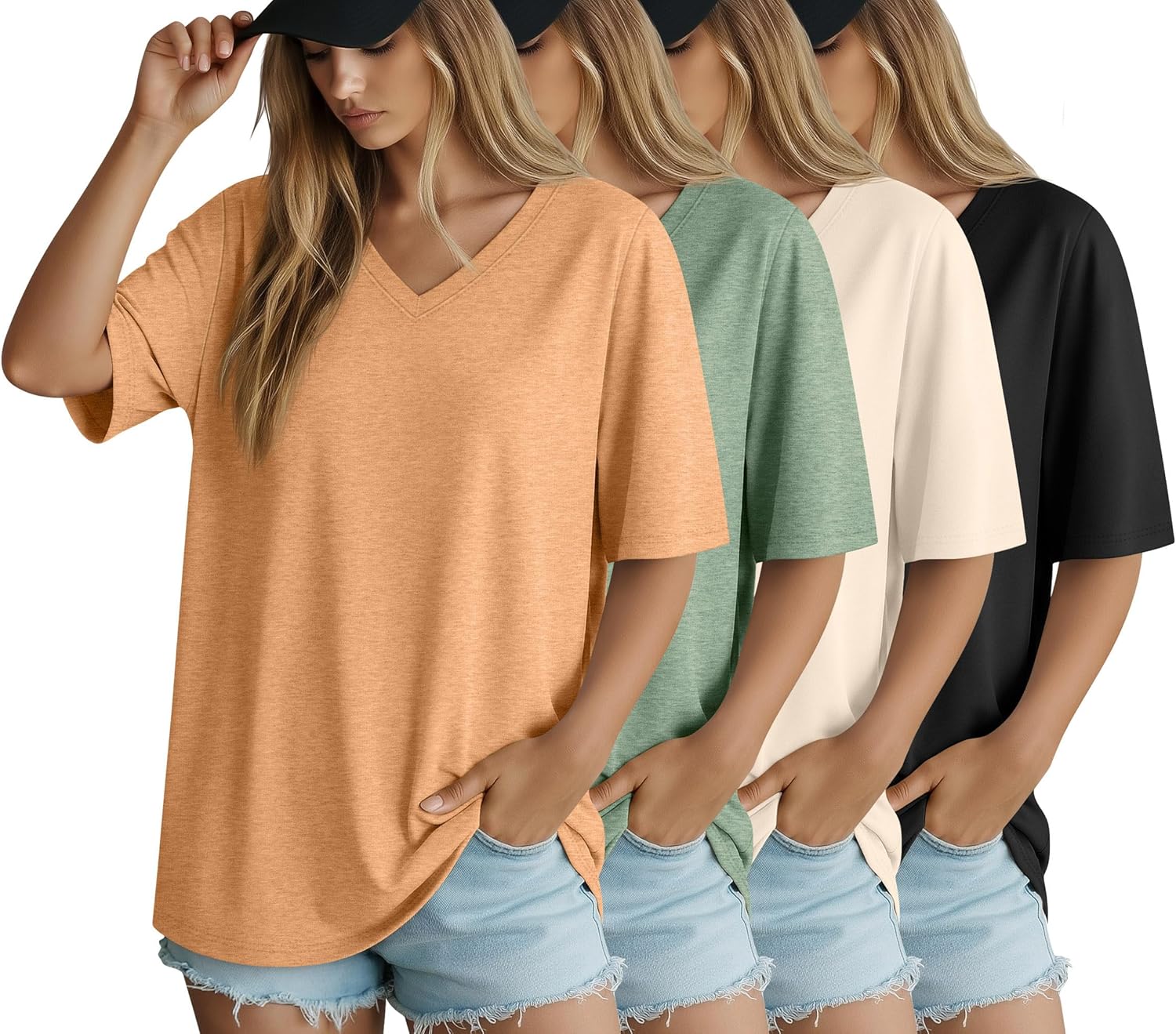 4 Pack Women's Oversized Short Sleeve T Shirts Cotton V Neck Tops Casual Basic Summer Loose Tees Workout Gym Shirts