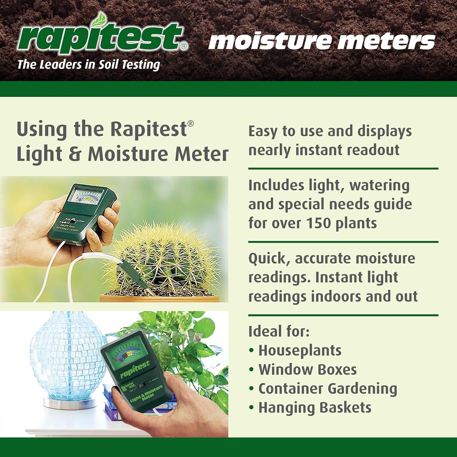 A person using the Luster Leaf Rapitest meter to check soil moisture in a potted plant, demonstrating proper probe insertion.