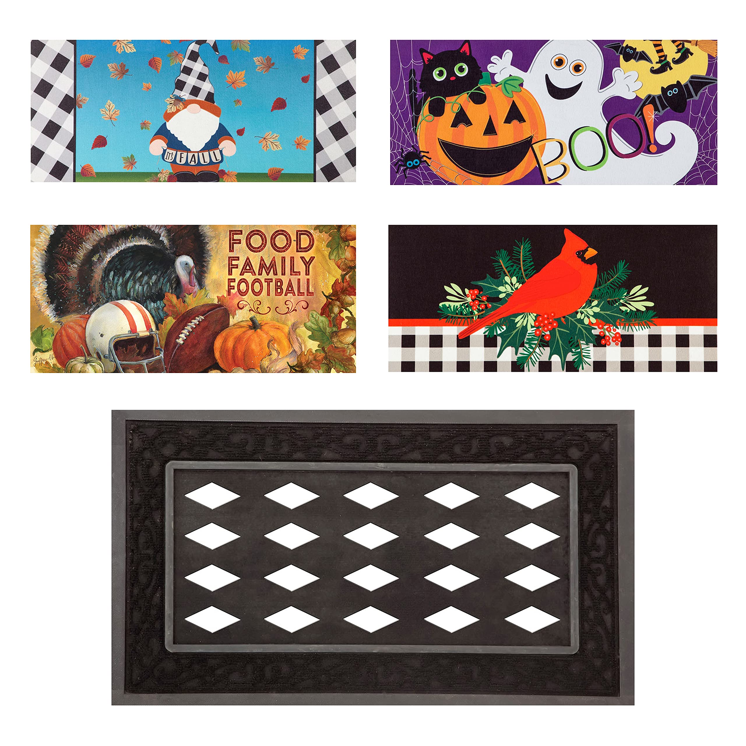 Evergreen Sassafras Bundle - Set of 5 Holidays Interchangeable Entrance Doormats | Indoor and Outdoor |22-in x 10-in doormats and 30-in x 18-in Tray | Non-Slip Backing | Low Profile | Home Décor