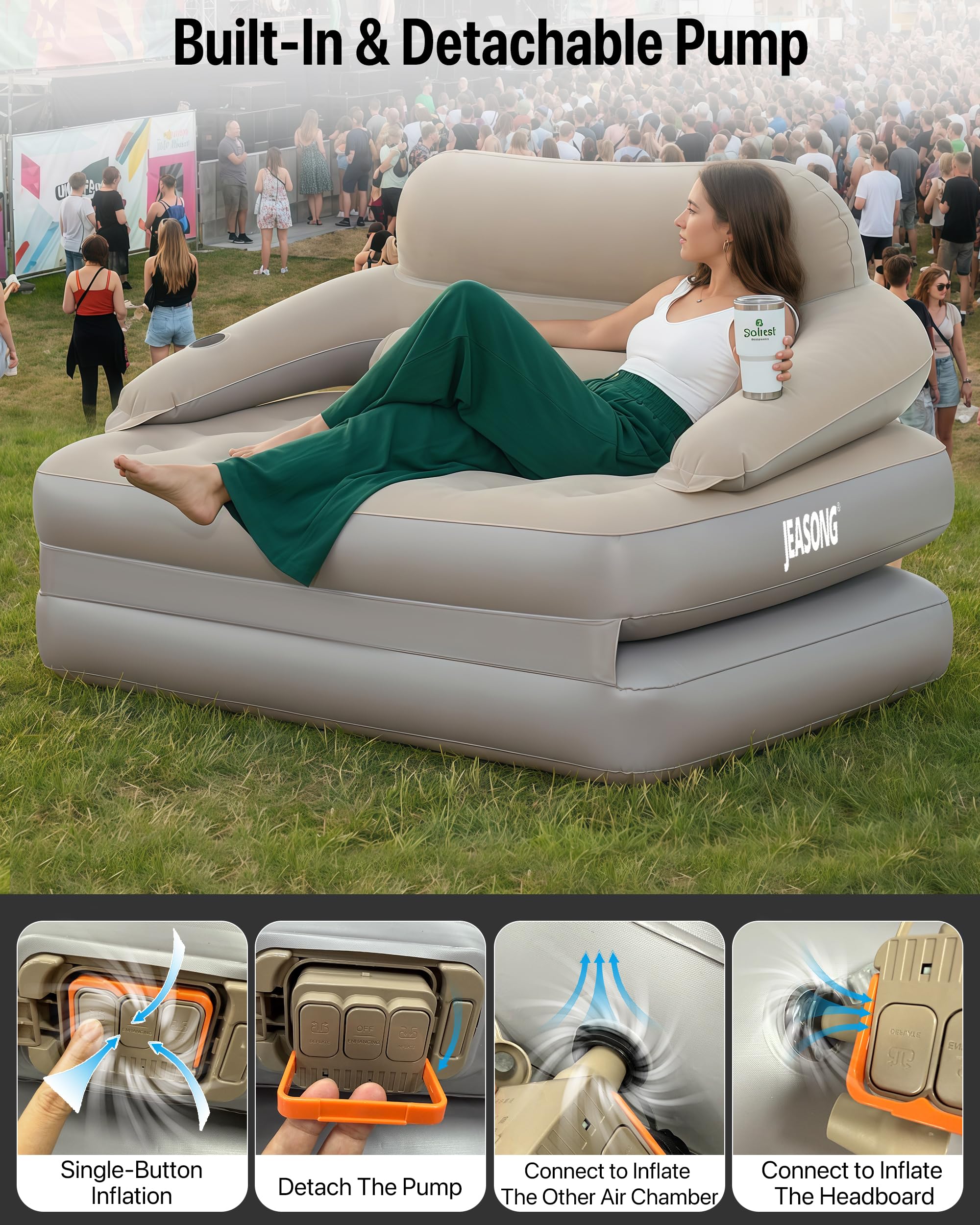 JEASONG Divano letto gonfiabile con pompa integrata, materasso gonfiabile king size, materasso gonfiabile 2 in 1 e divano gonfiabile, materasso autogonfiante per gli ospiti in casa, campeggio, 203 x