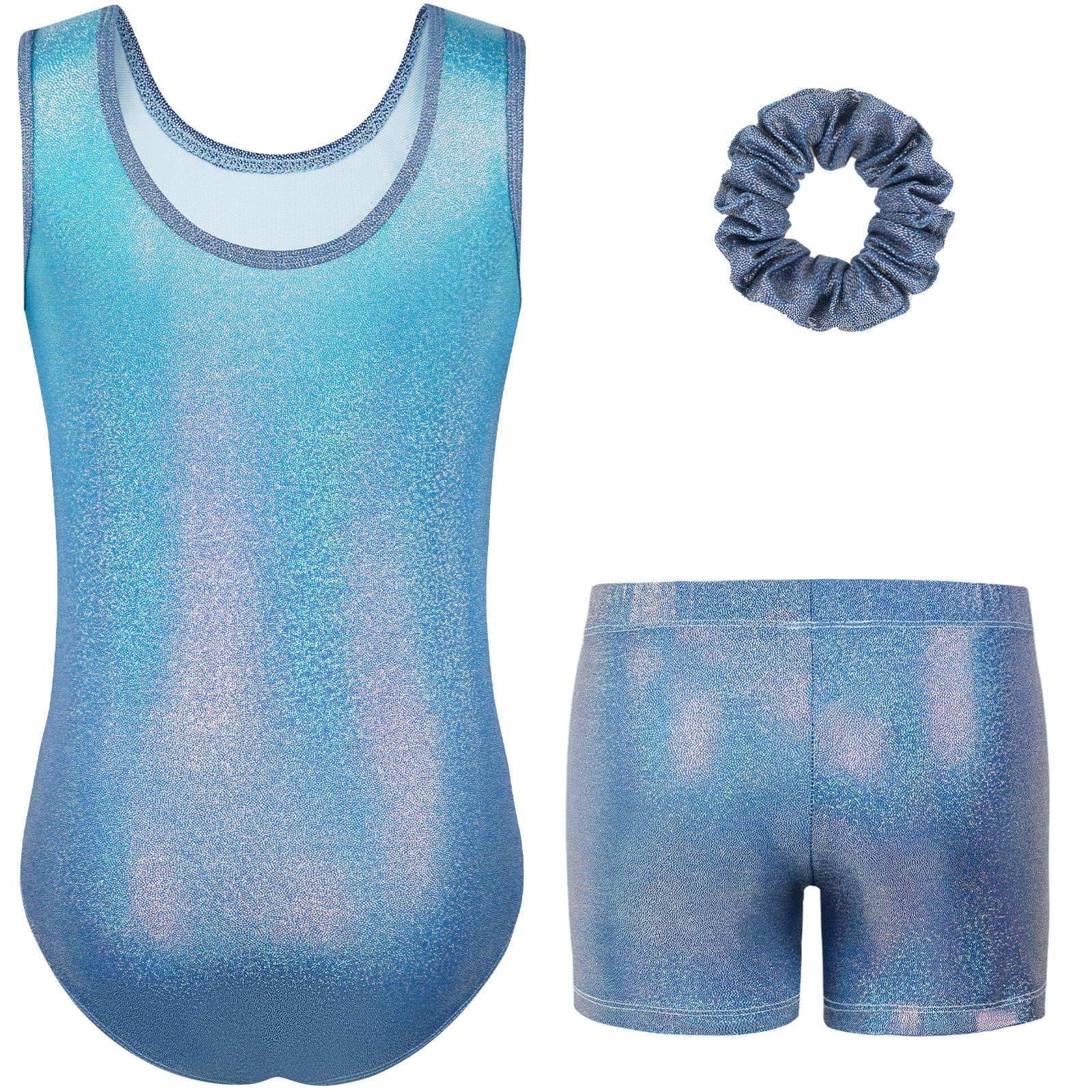 Gogokids, Completo da ginnastica bambina composto da tre pezzi, body senza maniche, pantaloncini e fascia per capelli, tuta danza classica scintillante, con design a colori sfumati, dai 3 ai 12 anni