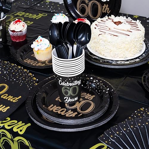 Miniatura 8 de Juego de 202 piezas de decoración de cumpleaños 60 con pancarta preencordada, platos, vasos, servilletas, mantel, juego completo de cubiertos y