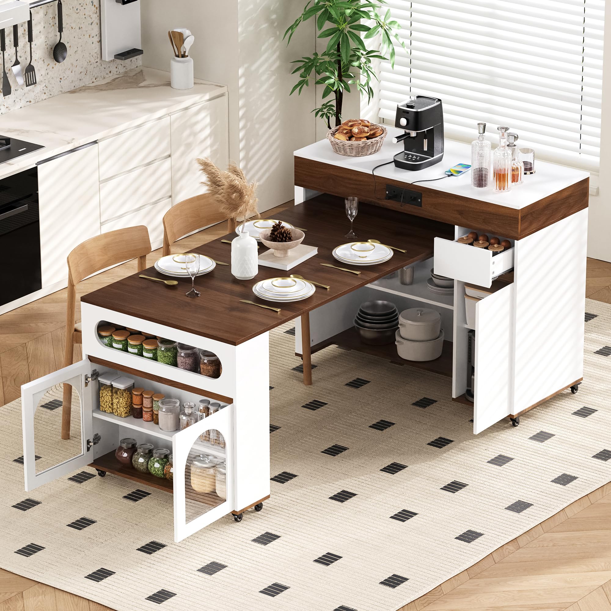 Merax Extendable Rolling Kitchen Island with Folding Table Top, Storage Cabinet with Drawers, Power Outlet & Locking Wheels for Kitchen, Dining Room,