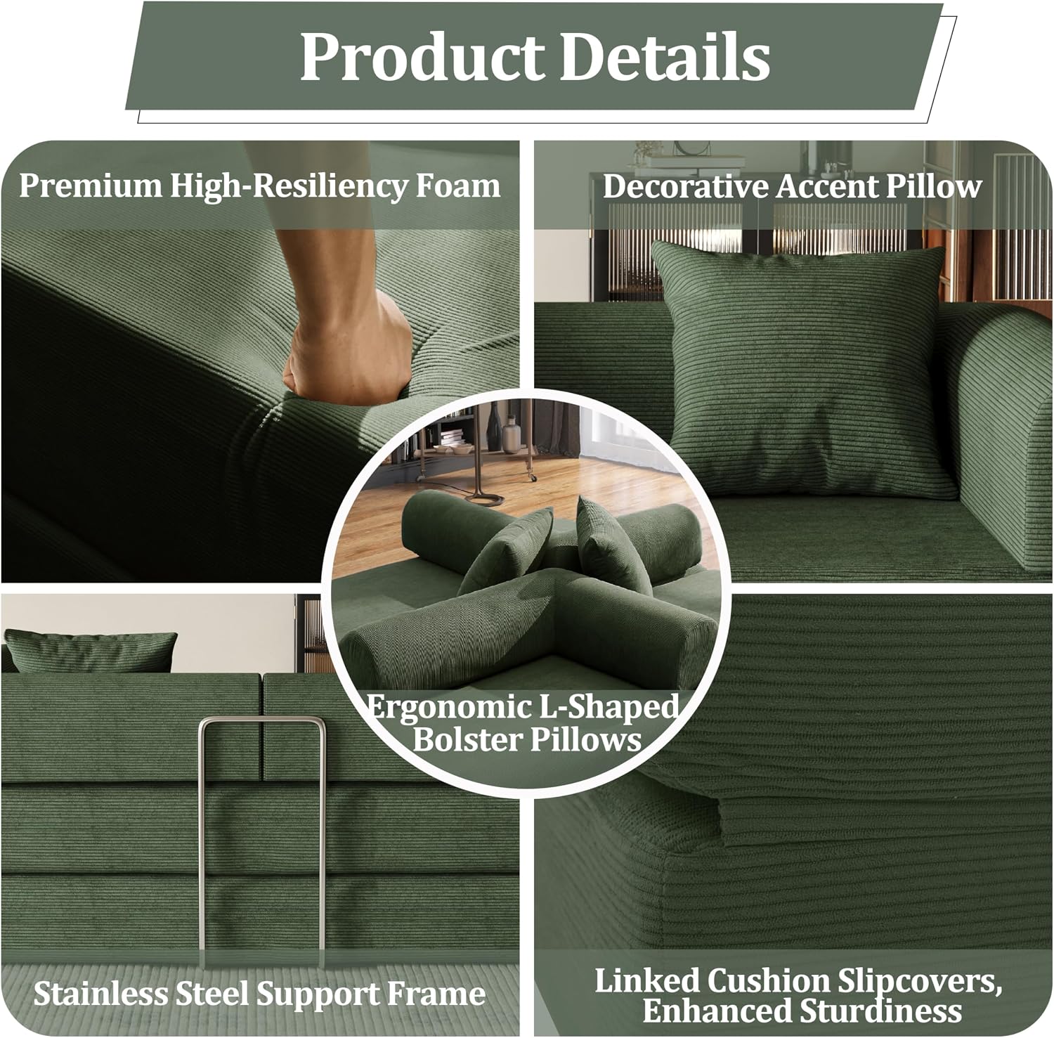 59'' Convertible Compressed Corduroy Folding Cloud Sofa Bed, Modern Boneless Pull Out Loveseat Sleeper in a Box, 4 in 1 Floor Mattress Futon Cloud Couch, No Assembly Needed, Green, 2 Pillows, Queen