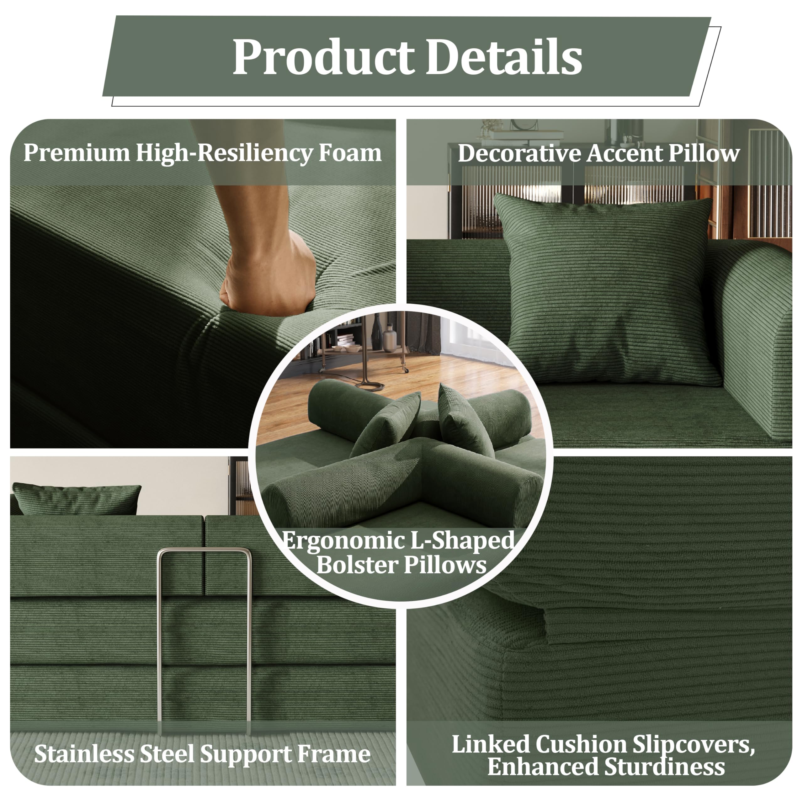 59'' Convertible Compressed Corduroy Folding Cloud Sofa Bed, Modern Boneless Pull Out Loveseat Sleeper in a Box, 4 in 1 Floor Mattress Futon Cloud Couch, No Assembly Needed, Green, 2 Pillows, Queen