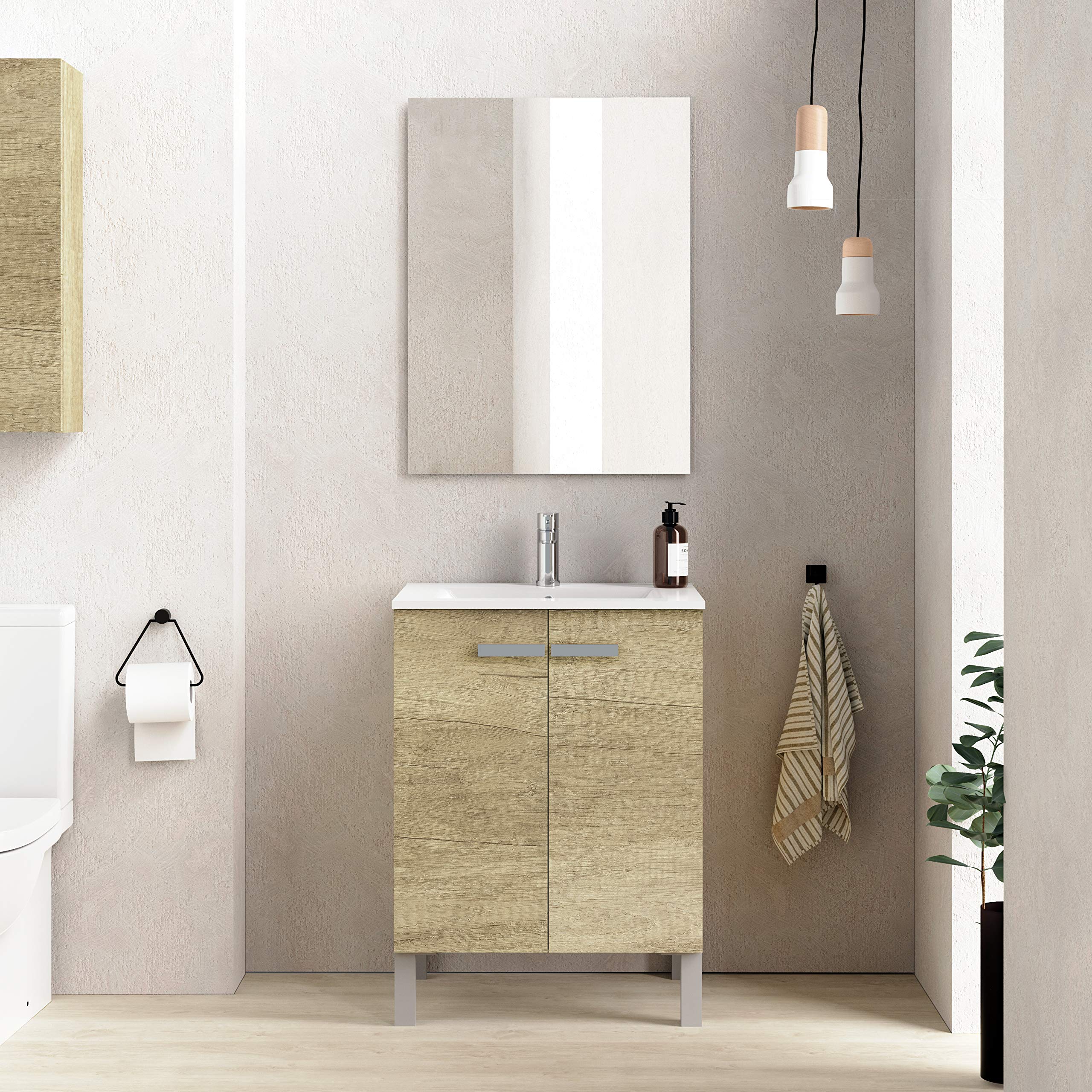 Baikal Mueble de Baño Neo, Dos Puertas, Mueble con Patas. Varios Acabados y Medidas. Melamina 16mm. Mueble MONTADO. 2 Puertas sin Espejo 60 cm Nature
