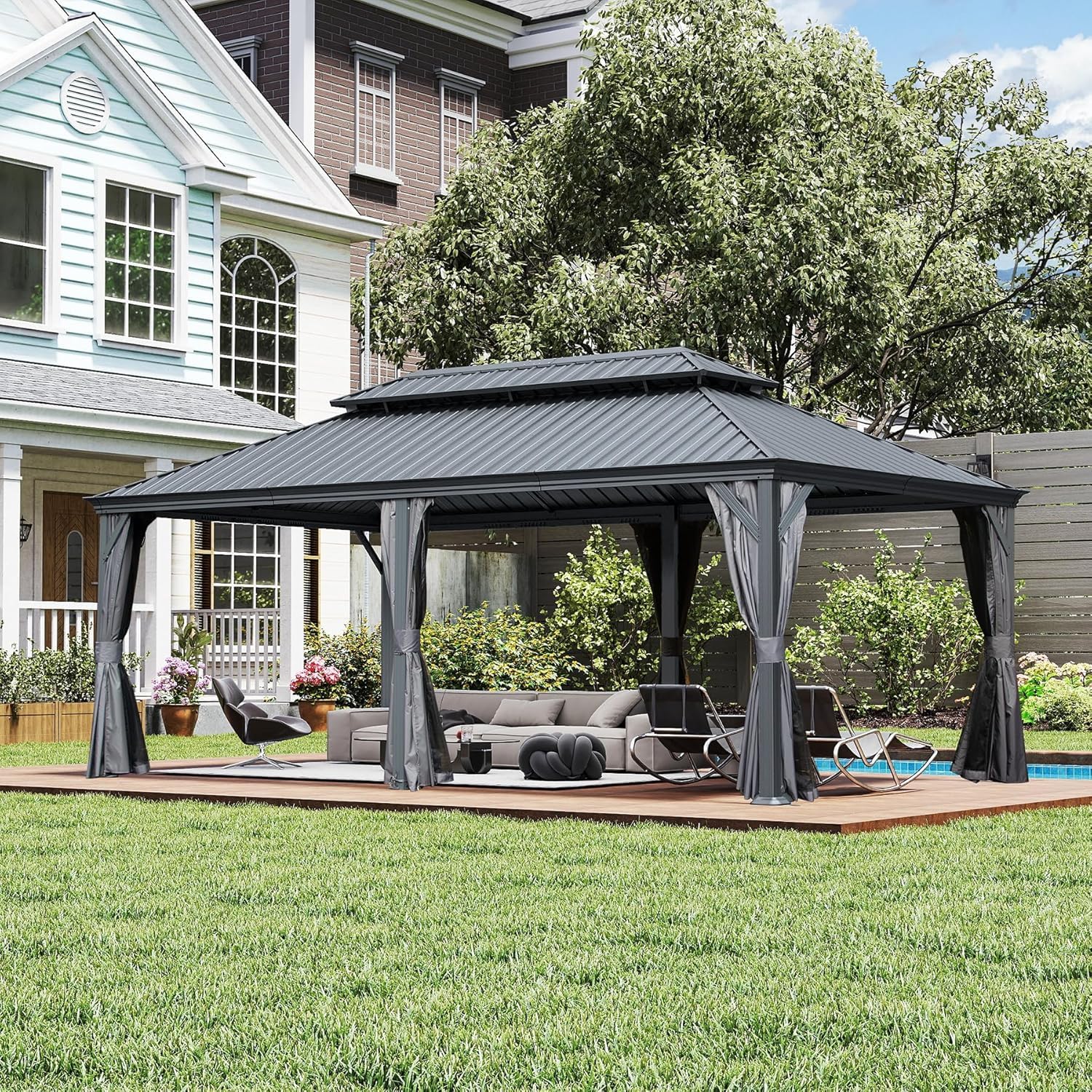Domi 14'x22' Outdoor Gazebo, Hardtop Gazebo with Aluminum Frame, Heavy Duty Pavilion Gazebo for Patio Deck Backyard,Curtain and Netting,Grey