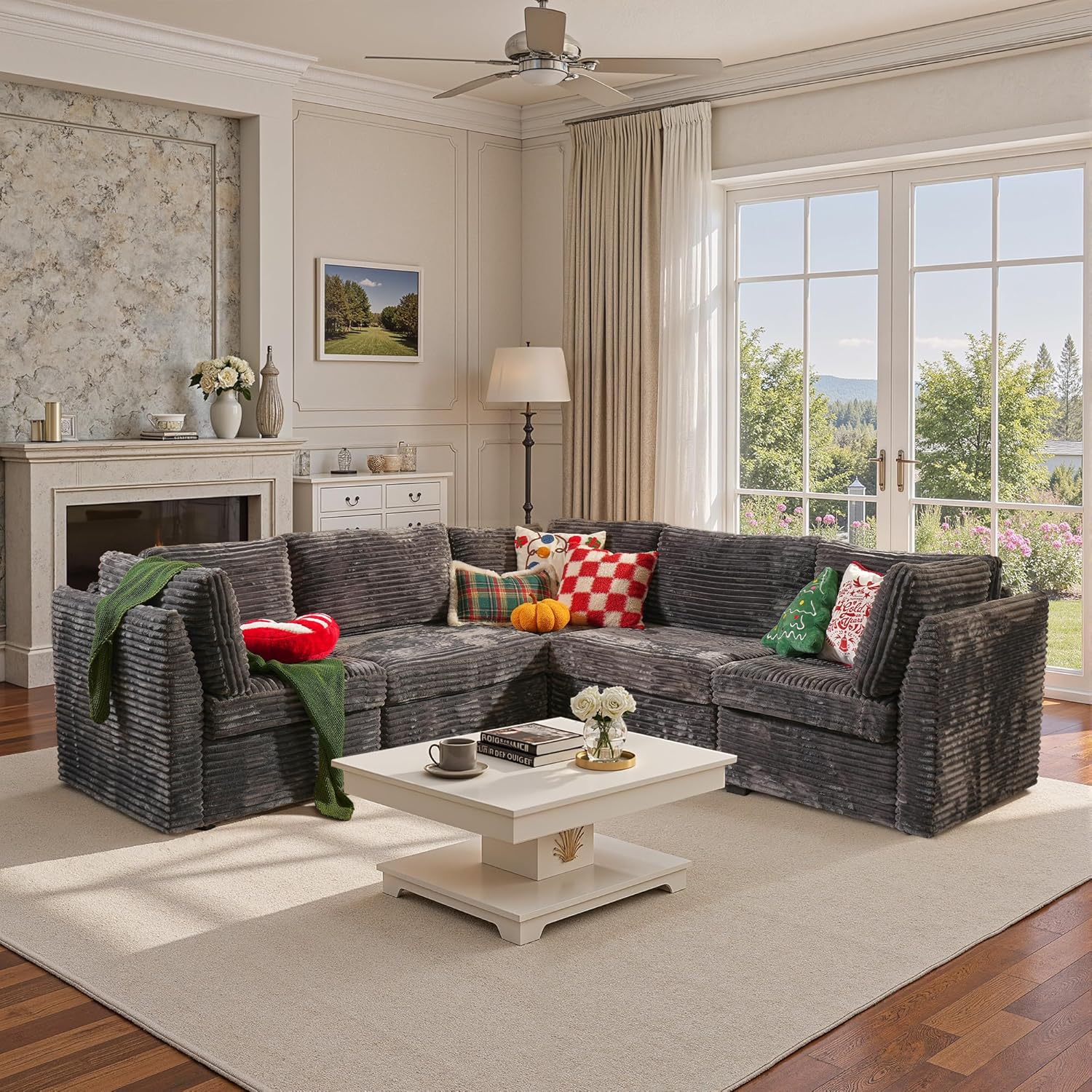 130'' Modern Modular Sectional Sofa,5 Seats Cloud Comfort Corduroy Fluffy Couch,L Shaped Convertible Sofa Couch for Living Room,Grey