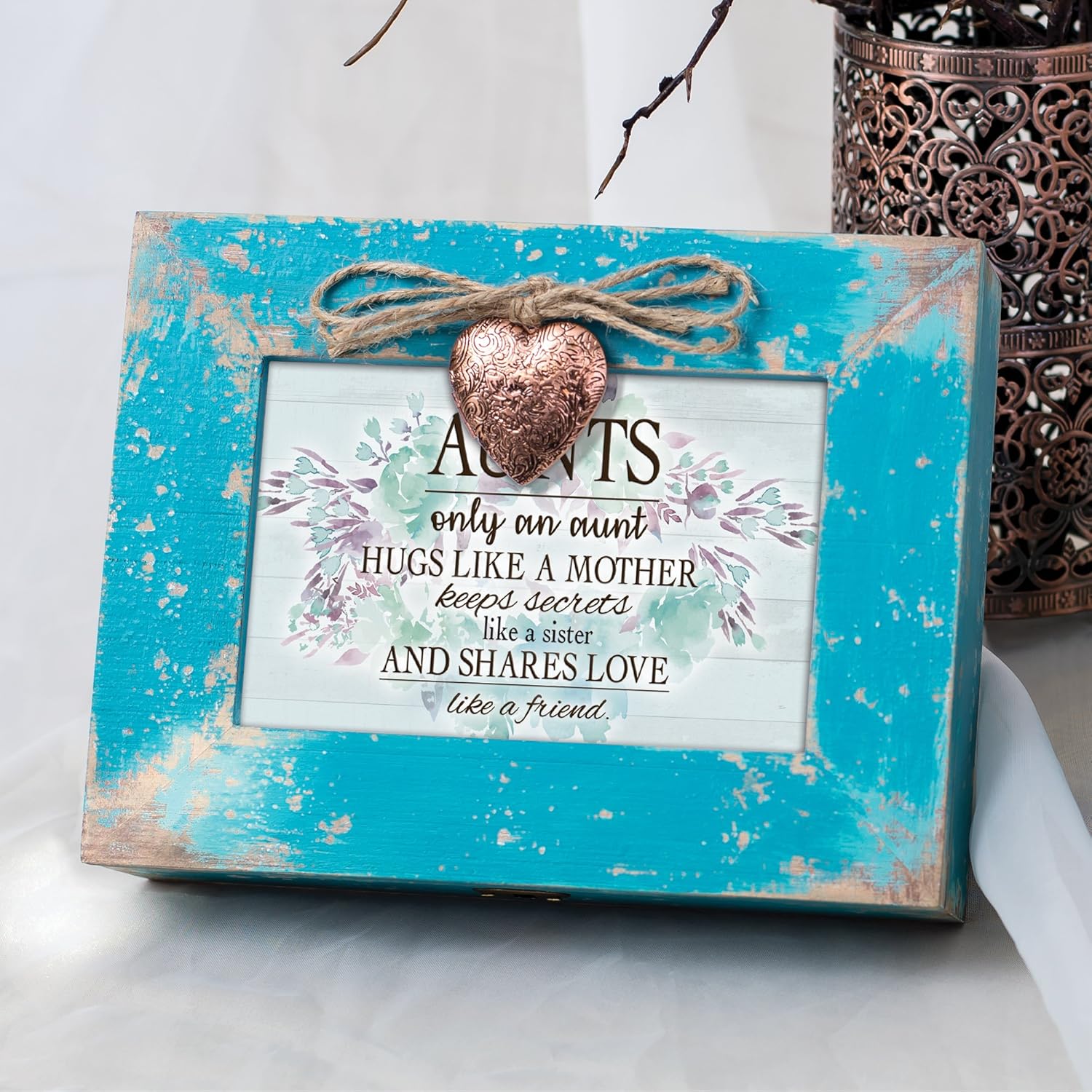 Cottage Garden Aunts Like A Sister Friend Teal Distressed Locket Music Box Plays Edelweiss