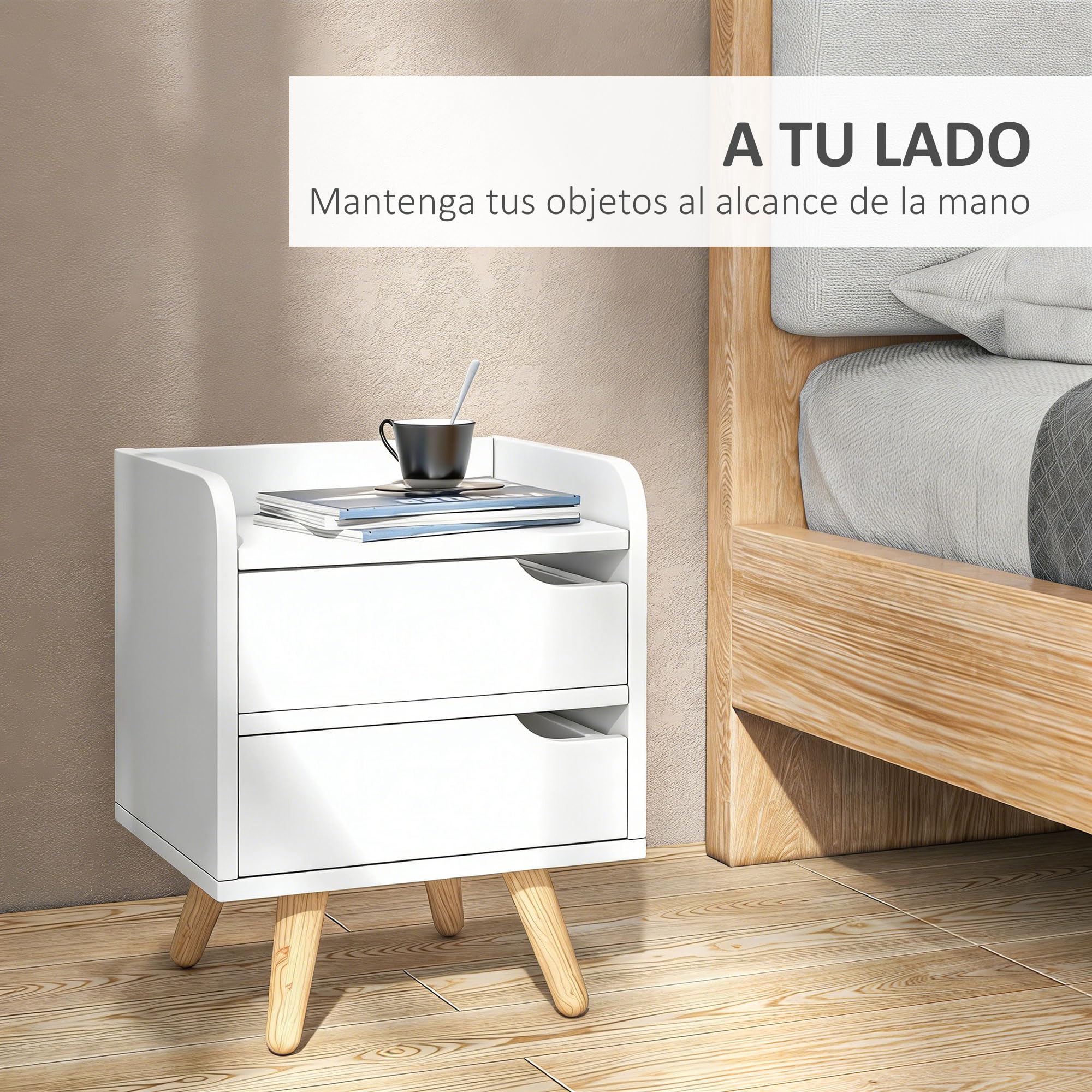 HOMCOM Mesa de Noche Multiusos Mesita Auxiliar para Sala de Estar o Dormitorio con 2 Cajones Espaciosos Patas Elevadas de Pino Diseño Moderno 33x28x42 cm Blanco