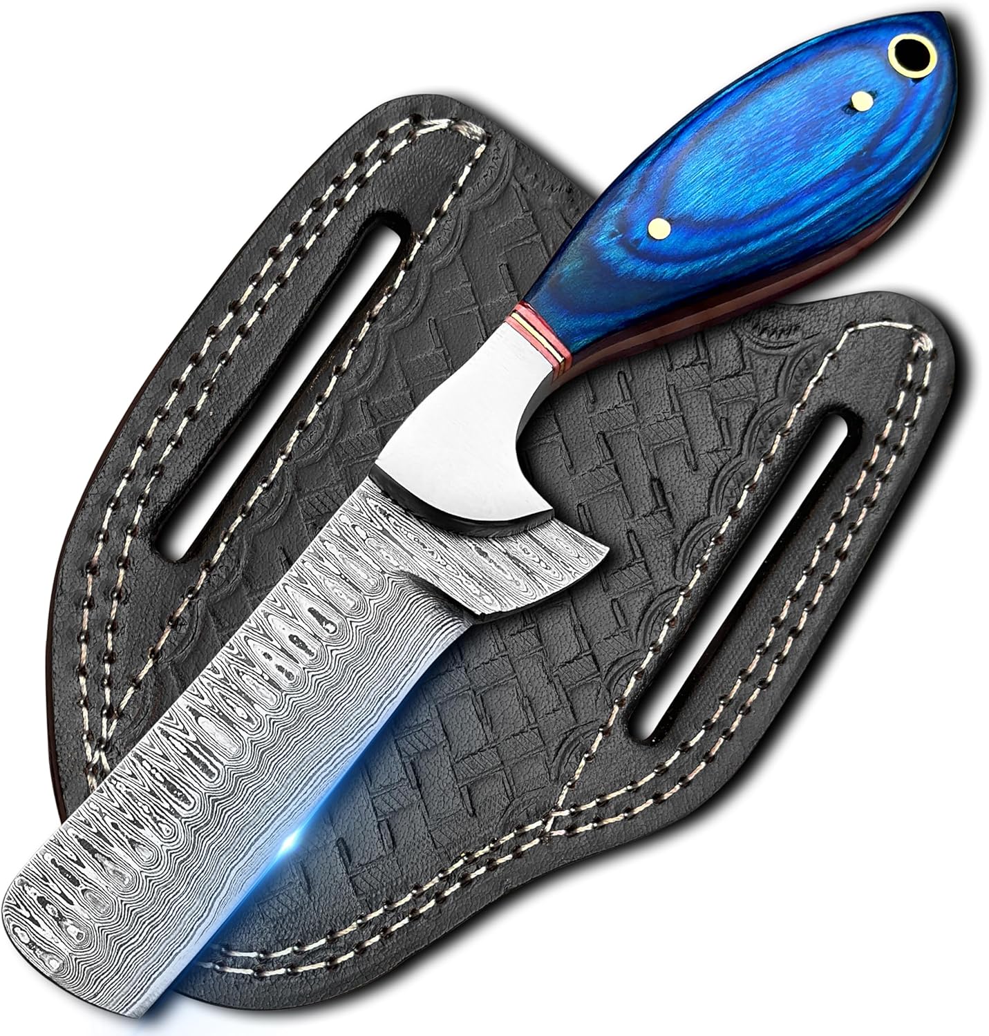 Handmade Cowboy Knives with Leather Sheath - Sharp Handmade Damascus Bull Cutter Knife - EDC Fixed Blade Hunting Knife for Skinning, Camping, Bushcrafting and Outdoor Activities, Wooden Handel