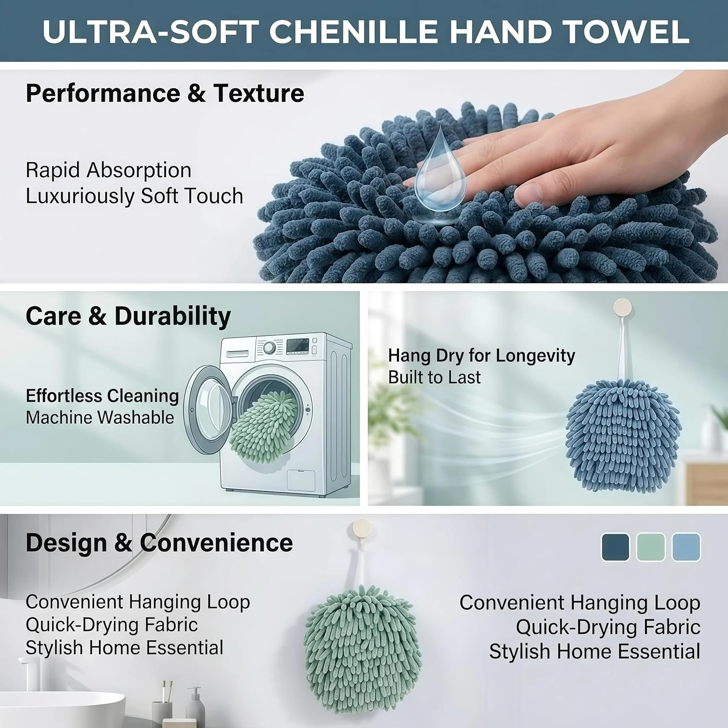 Soft Absorbent Chenille Ball Towel Sets, Quick Dry Hand, Towels for Bathroom/Kitchen Pack of 3 (Mint Green+Light Blue+Blue) - Image 3