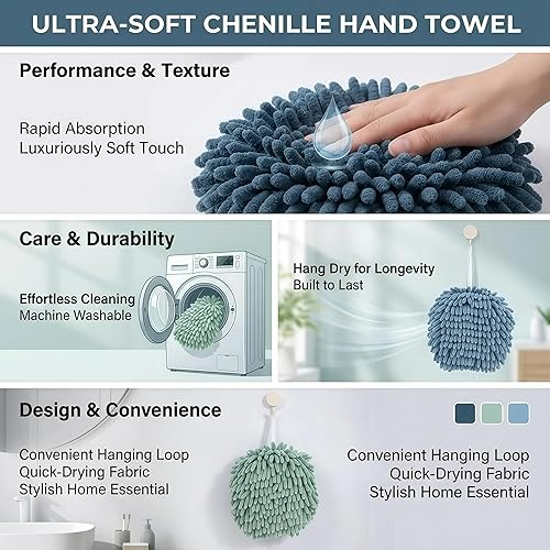 Miniatura 3 de Nulubuu Juego de 3 toallas de bola de felpilla suave y absorbente, de secado rápido, para bañococina, paquete de 3 unidades (verde menta + azul