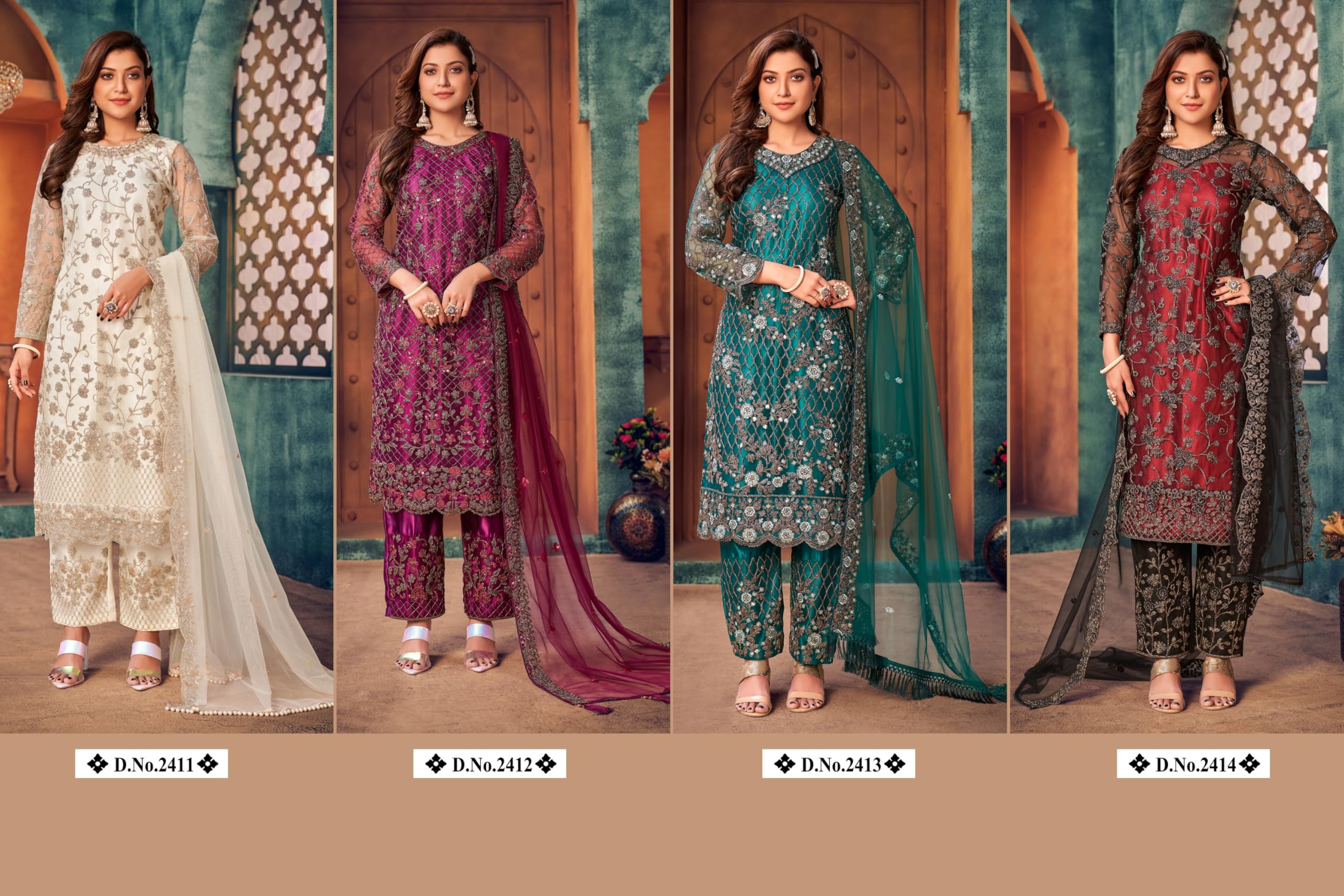 Luxury Pakistani Soft Net Designer Salwar Kameez with Embroidered Dupatta for Party Wear