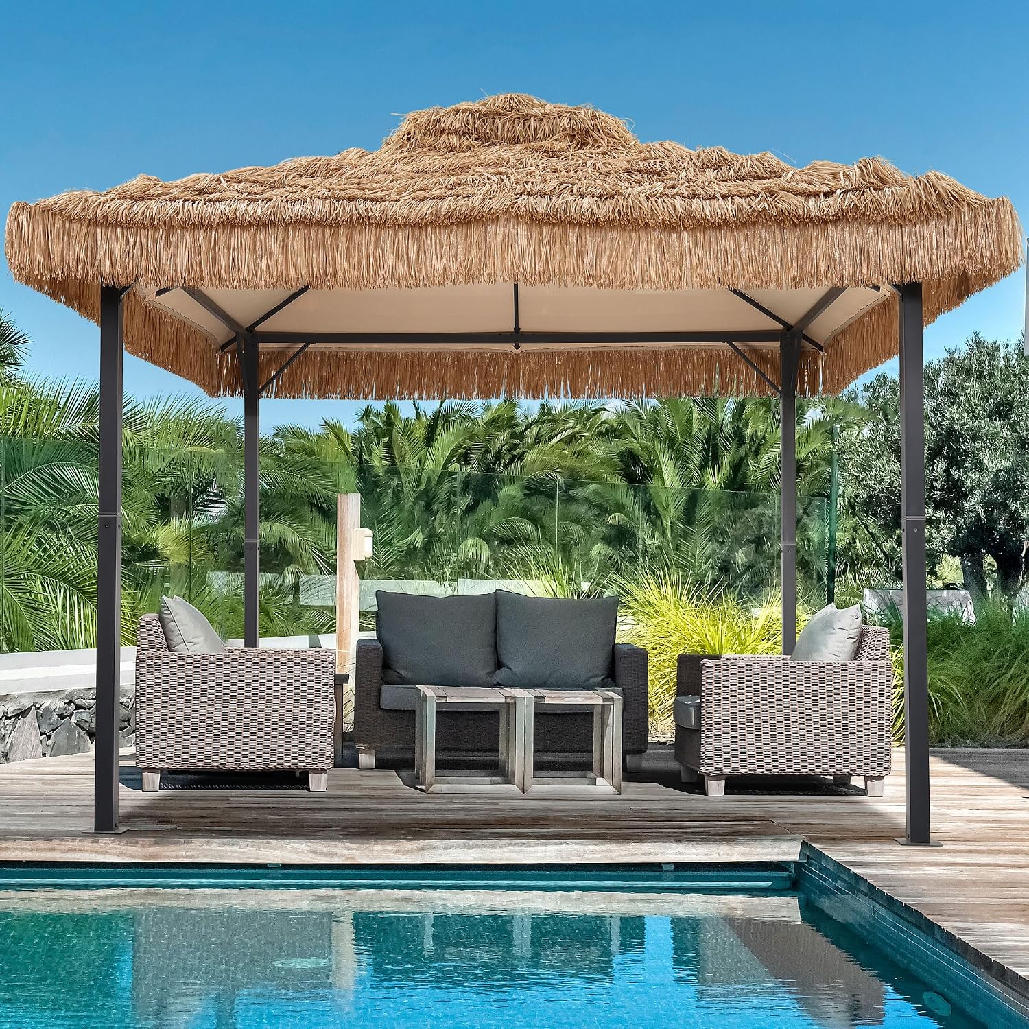 GDY 10x10 Thatched Tiki Bar Gazebo, Patio Gazebo with Straw Thatch Roofing, Hawaiian Style Canopy Tent, Suitable for Courtyards, Exhibitions, Camping, Bar, Khaki.