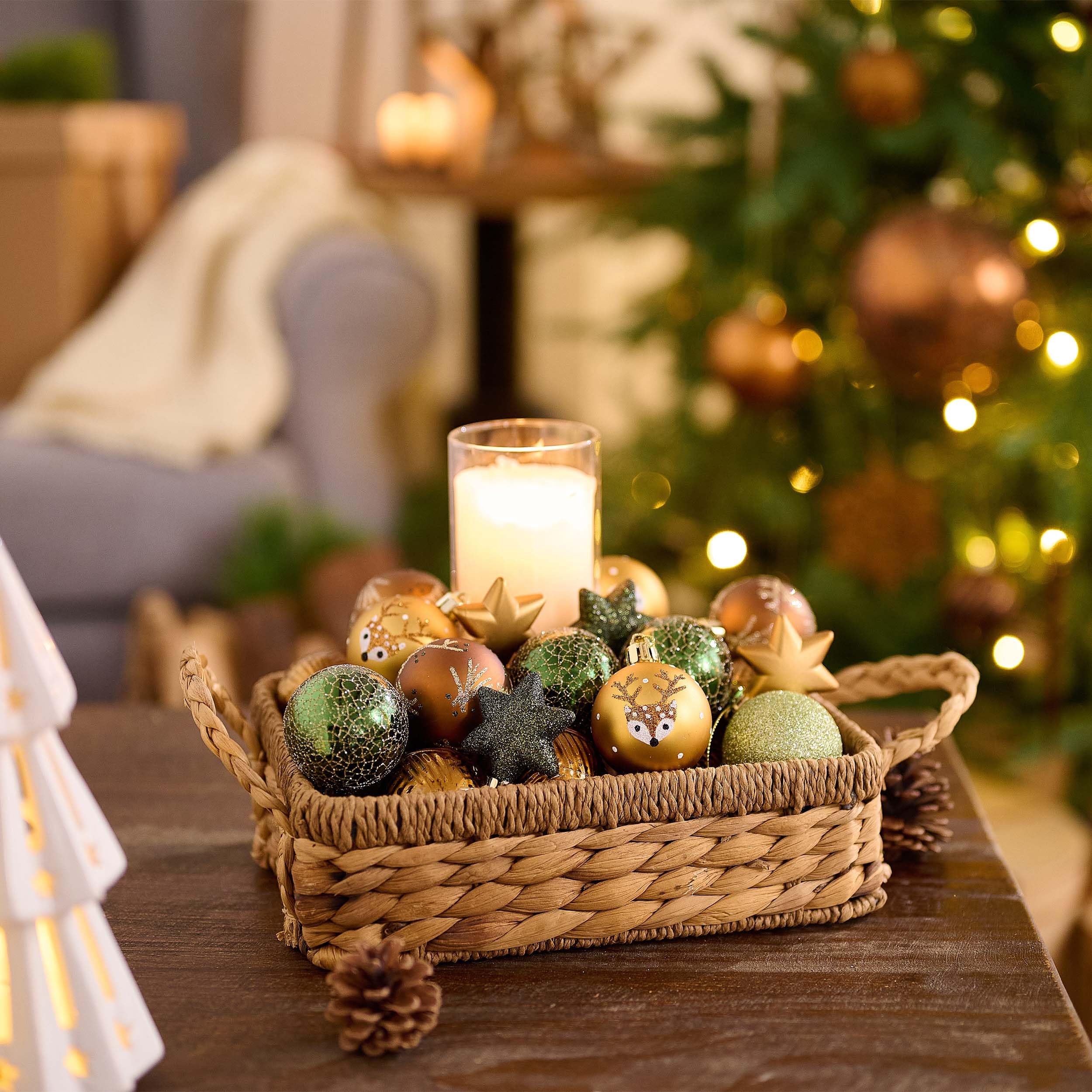 Valery Madelyn Weihnachtskugeln 35 Stücke 5cm Kunststoff Christbaumkugeln mit Aufhänger Weihnachtsbaumschmuck für Weihnachtsdeko Wald Thema Kupfergold（Bronze Grün）