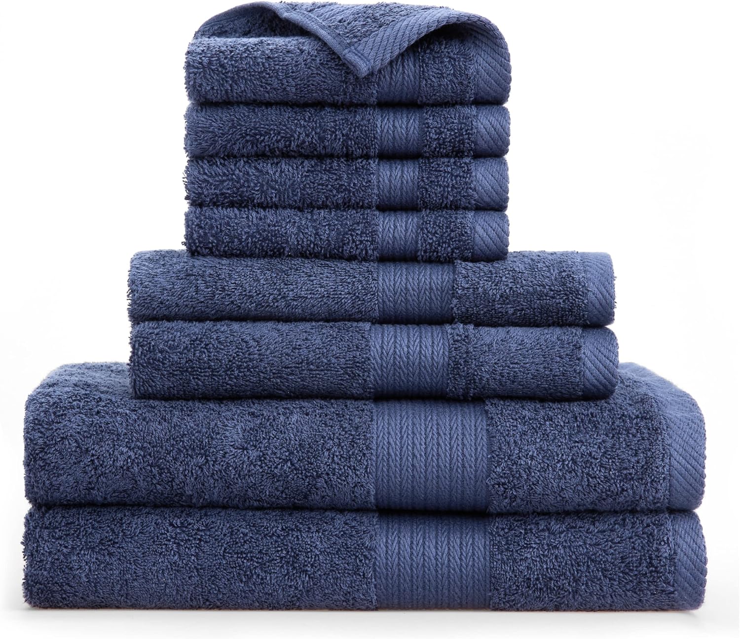Bedsure Bath Towels Sets for Bathroom - 100% Cotton 8 Pieces Towels Set with 2 Large Bath Towels, 2 Hand Towels and 4 Washcloths, Navy Blue Shower Towel Sets, Towels for Bathroom, Hotel, Gym, Spa