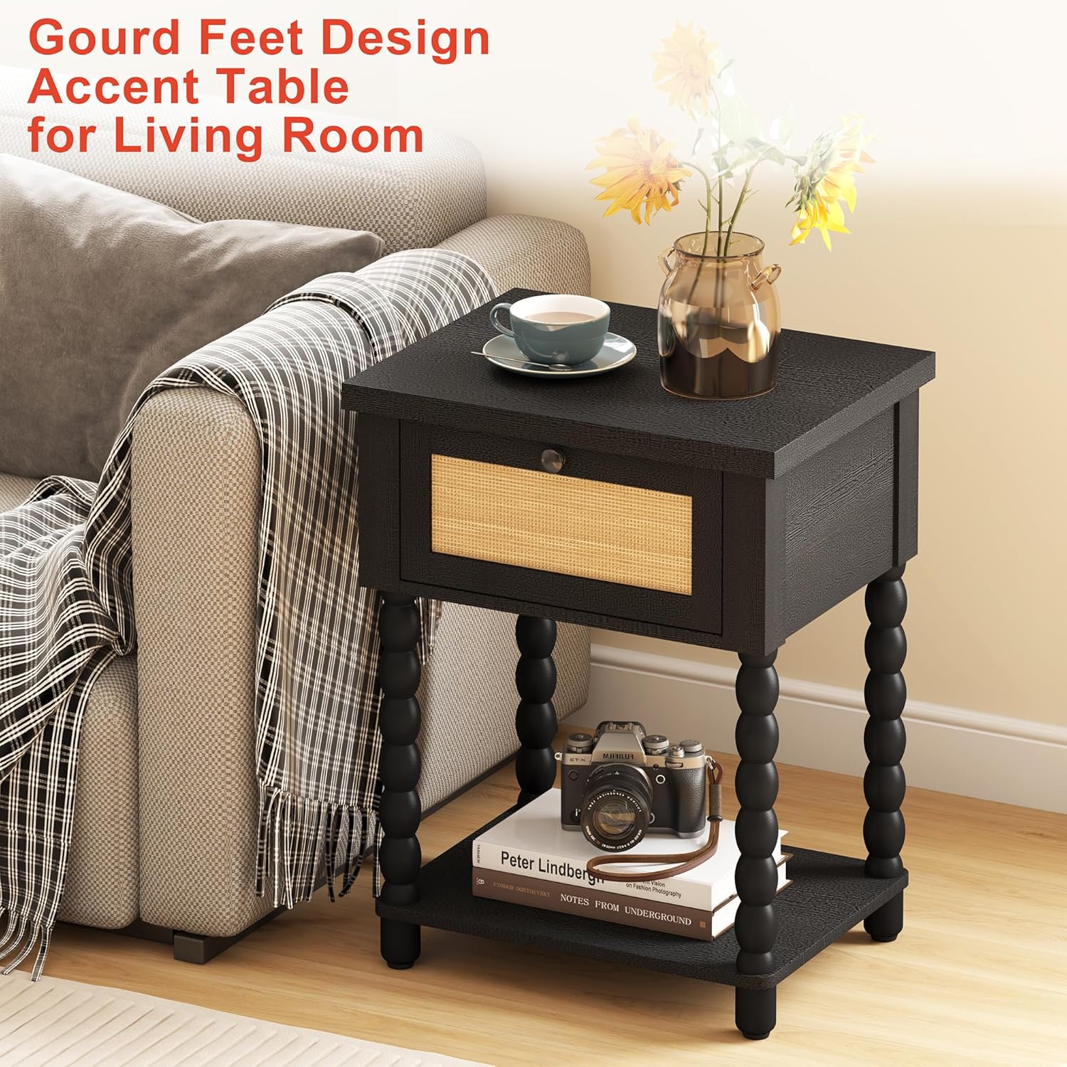 Yusong Rattan Nightstand, 20" W Bedside Table with Solid Wood Leg, Drawer and Open Shelf, Boho Night Stand for Bedroom, Bed Side Table End Table for Small Space, Black Oak