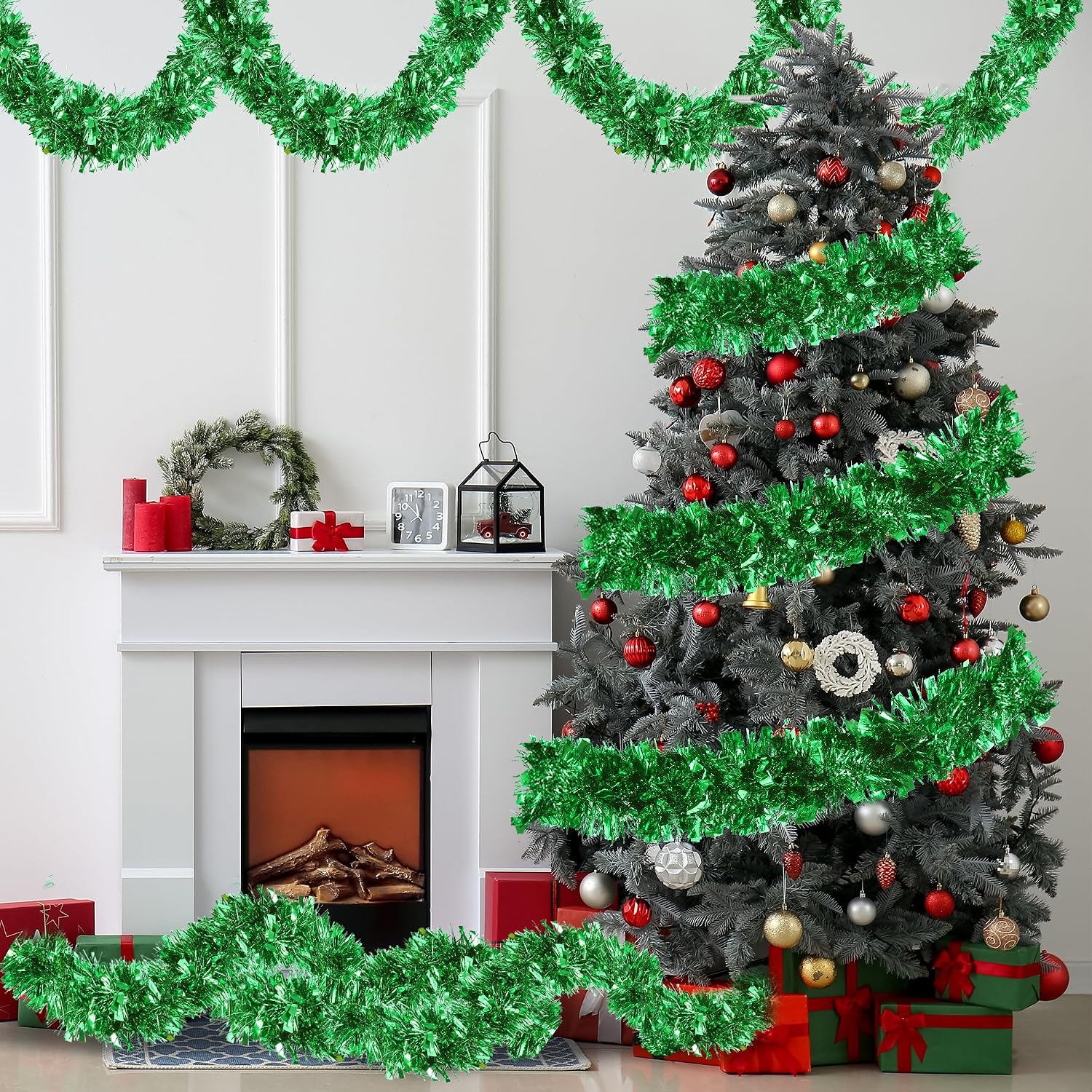 Sggvecsy 49.2Ft Christmas Tinsel Garland Xmas Tree Decorations Christmas Metallic Twist Garland Hanging Decorations Ceiling for New Year Party Birthday Holiday Indoor Outdoor Supplies(Xmas Green) image 5
