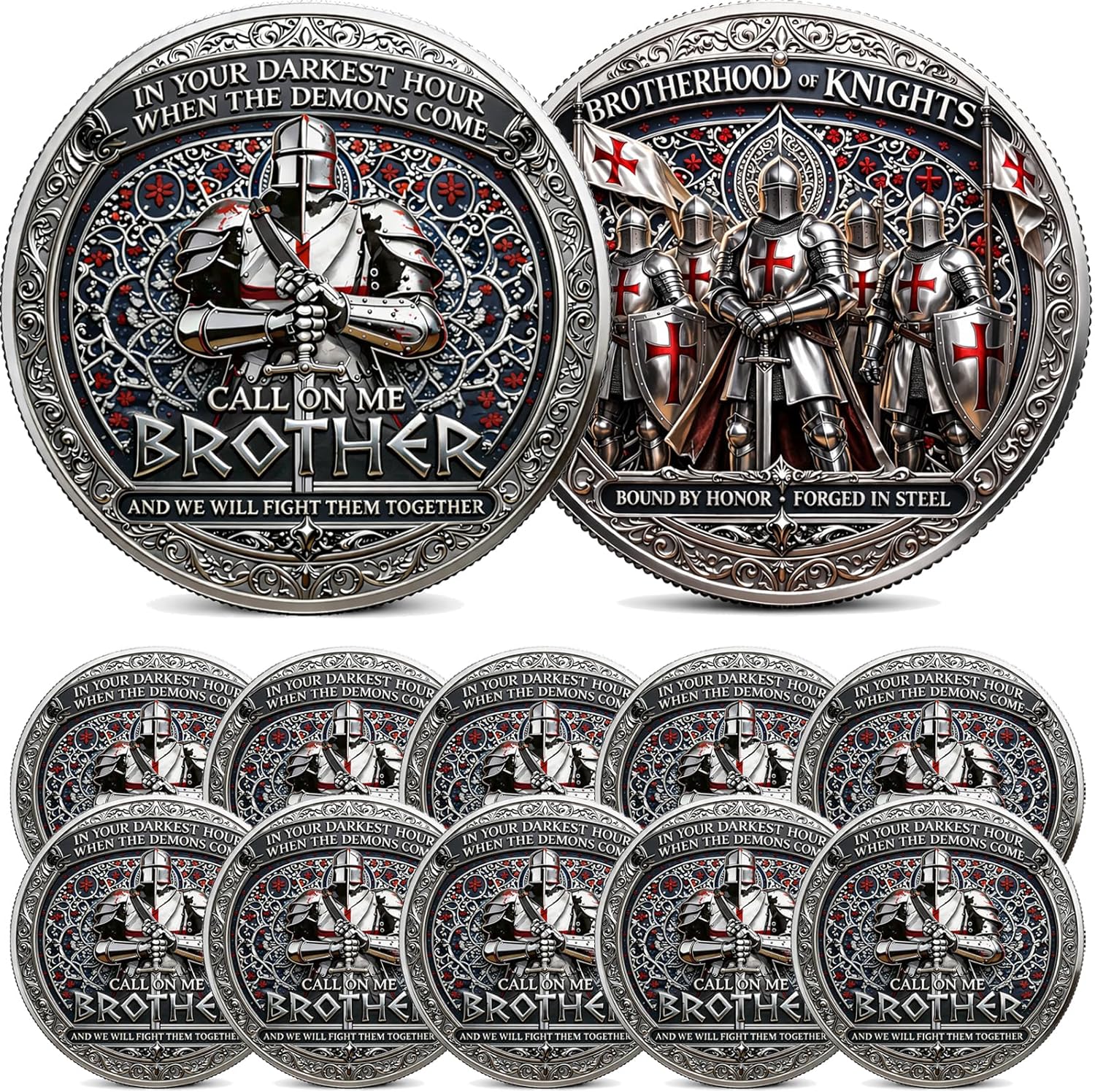 Brotherhood of Knights Commemorative Coin, Call On Me Brother Loyalty Challenge Coin, Bound by Honor Forged in Steel Brother Coin, Medieval Knight Token, Gift for Veterans Brothers & Friends (10 PCS)