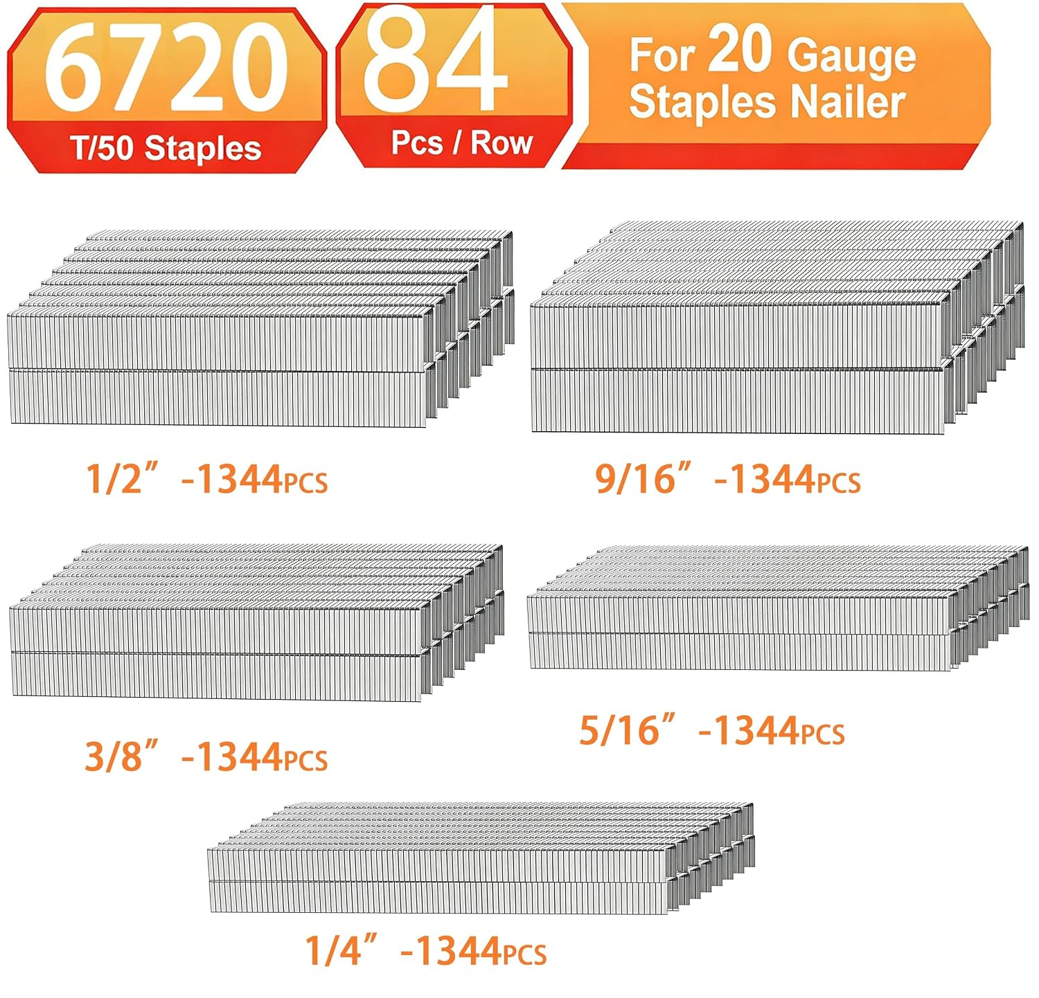 20 Gauge Galvanized T/50 Staples,1/4"+5/16"+3/8"+1/2"+9/16":6720pcs