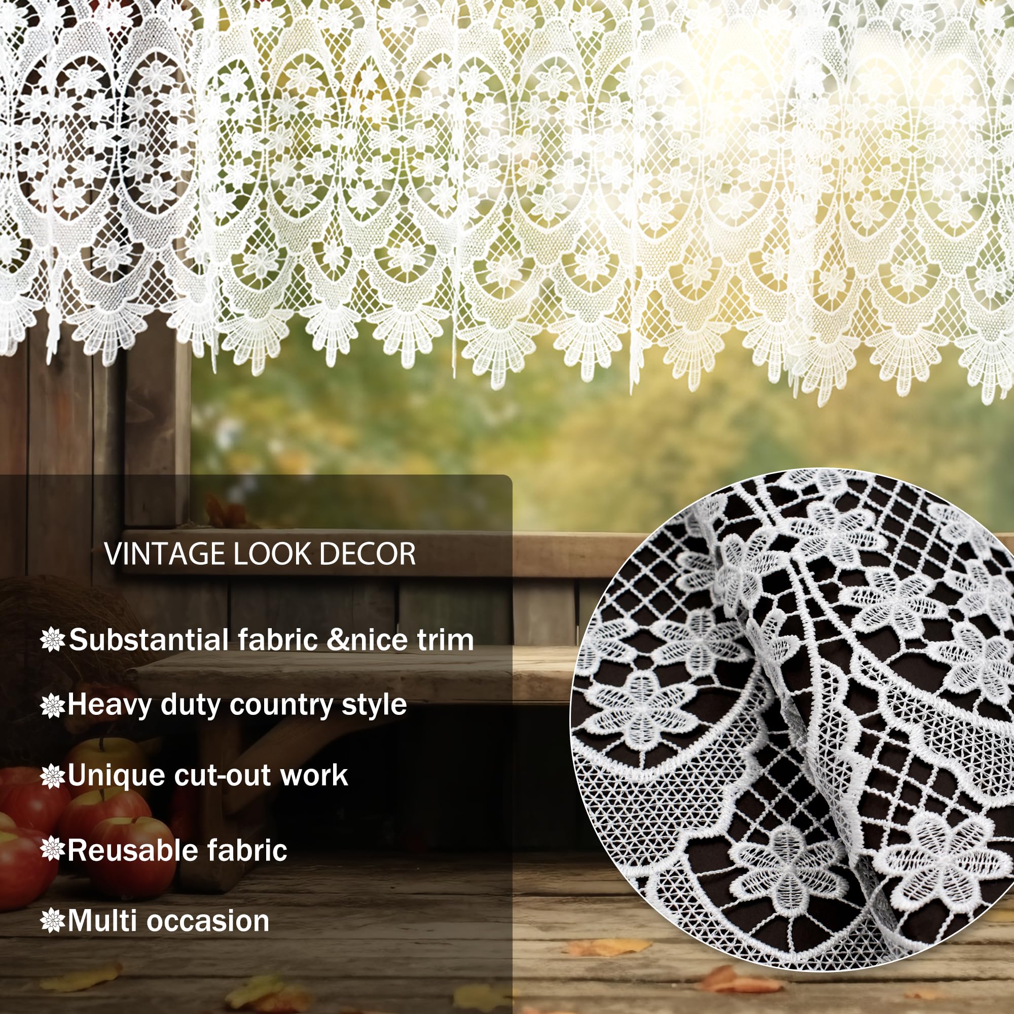 Molaxhome White Lace Window Valances 59inch,Rod Pocket Curtain Sheer Valance, for Home Kitchen Decor Window Treatments 681 W148xL42 cm - Image 2