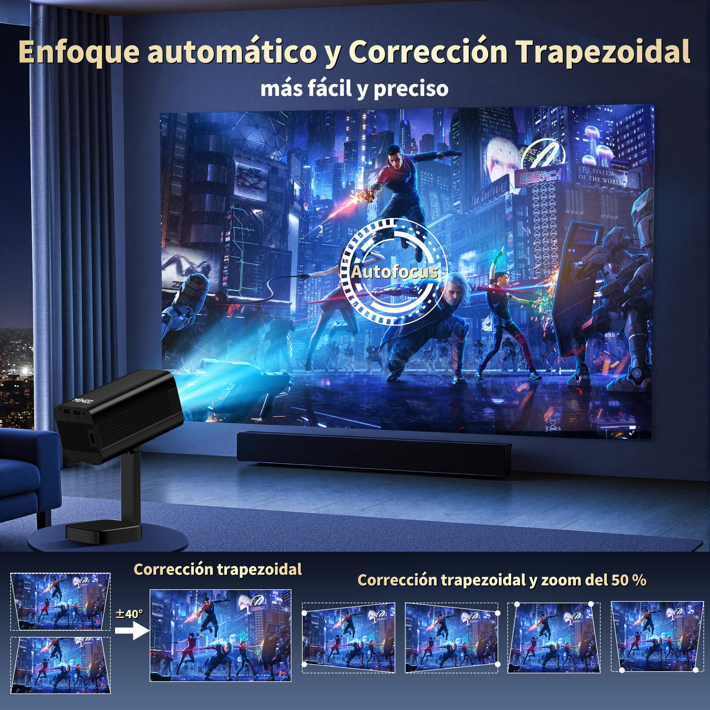 Mini Proyector 4K 1080P Full HD, 2026 Upgraded Proyector Portátil [Built-in Apps & Auto Focus] con Auto Keystone y 90° Rotable con WiFi 6 Bluetooth 5.4 con HDMI/TV Stick/USB/Laptop - Negro