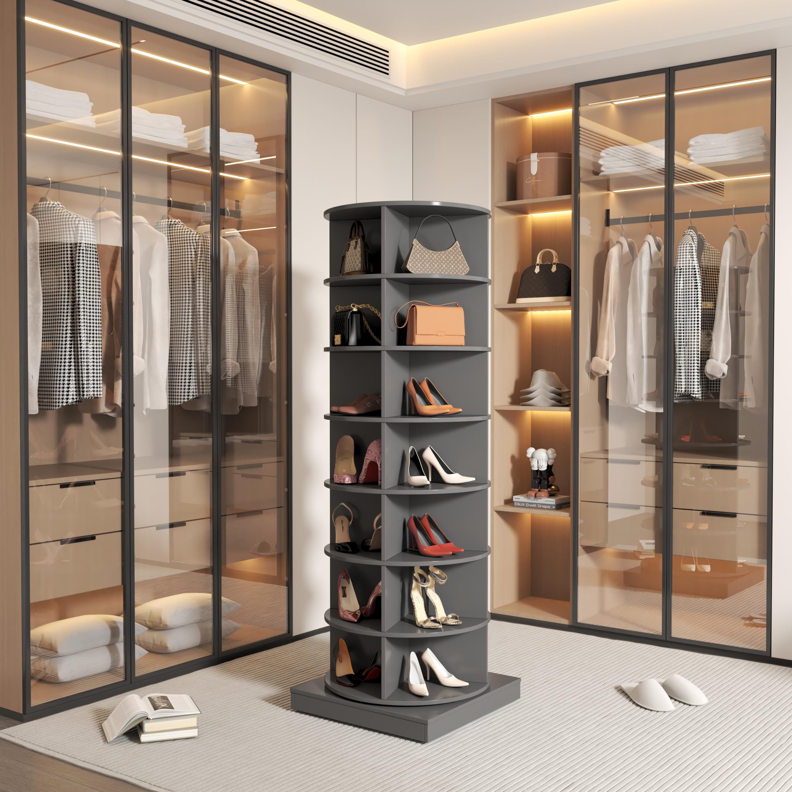Drehregal 5 Ebenen | Rotierendes Schuhregal & Mehrzweckregal | Eckregal rund 115x60 cm | Vielseitiges Aufbewahrungsregal für Schuhe, Deko, Bücher | Platzsparendes Standregal (Grau)