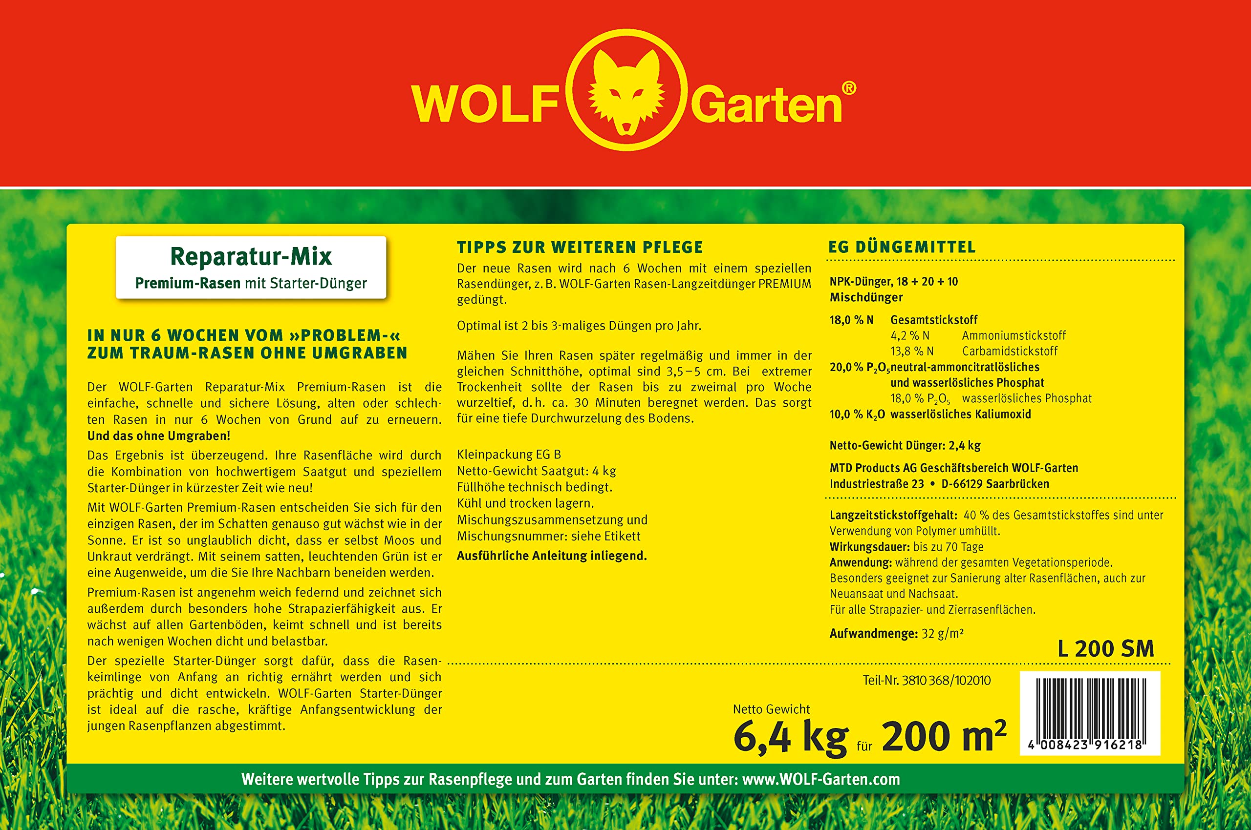 Premium-Rasen mit Starter-Dünger L 200 SM | für 20 0m²