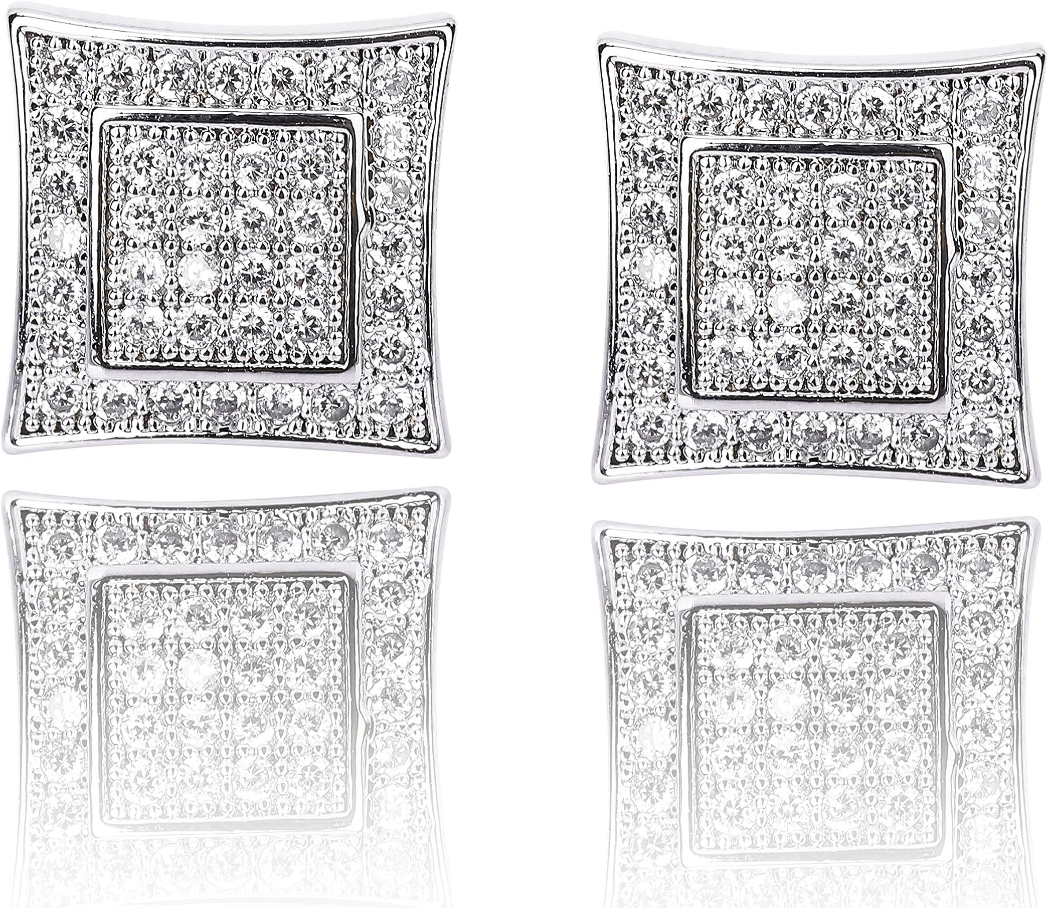 TOPGRILLZ 925 Sterling Silver Iced out Men 14k Gold Square Kite Screw Back Hypoallergenic Stud Earrings with Simulated Diamond