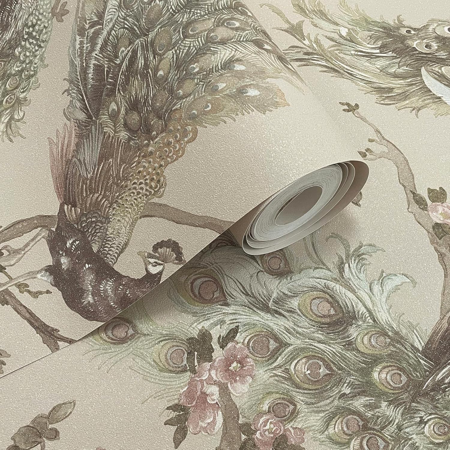 Holden Menali Peacock Floral Trail Glitter Vibrant Animal Printed Textured Wallpaper Beige Natural Cream 36271